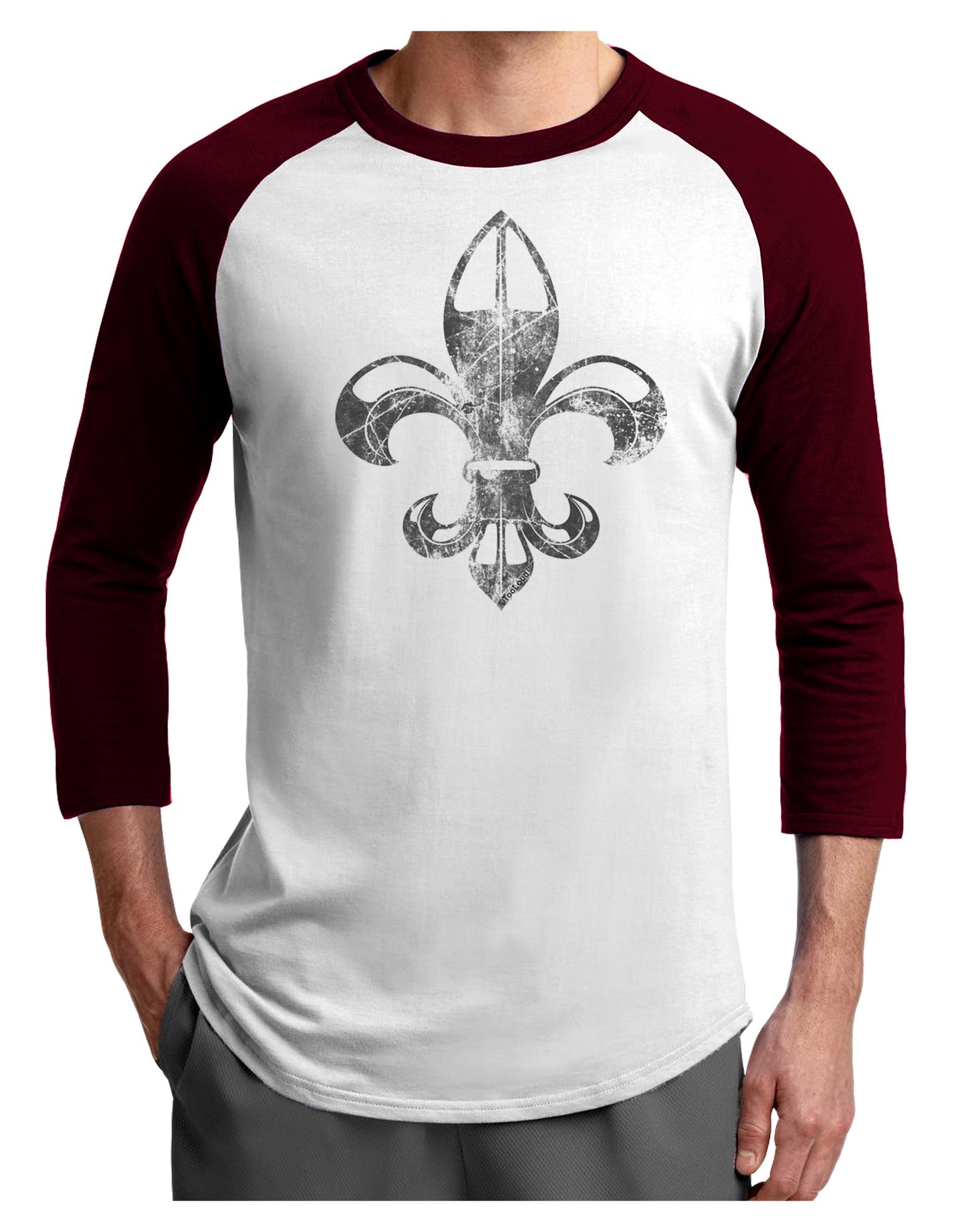 Distressed Fleur de Lis Adult Raglan Shirt-Raglan Shirt-TooLoud-White-Cardinal-X-Small-Davson Sales