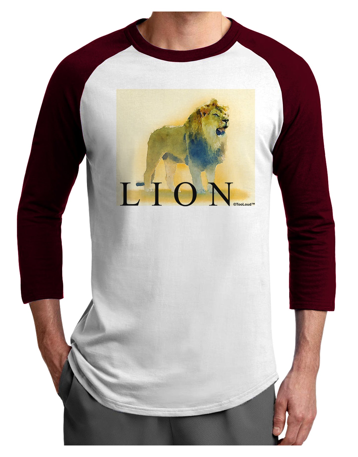 Lion Watercolor 1 Text Adult Raglan Shirt-TooLoud-White-Cardinal-X-Small-Davson Sales