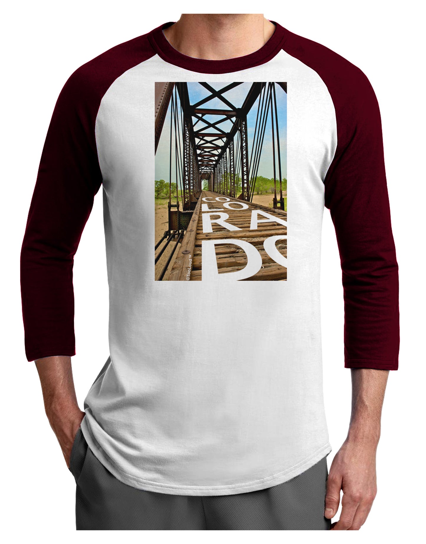 Colorado Bridge Text Adult Raglan Shirt-TooLoud-White-Cardinal-X-Small-Davson Sales