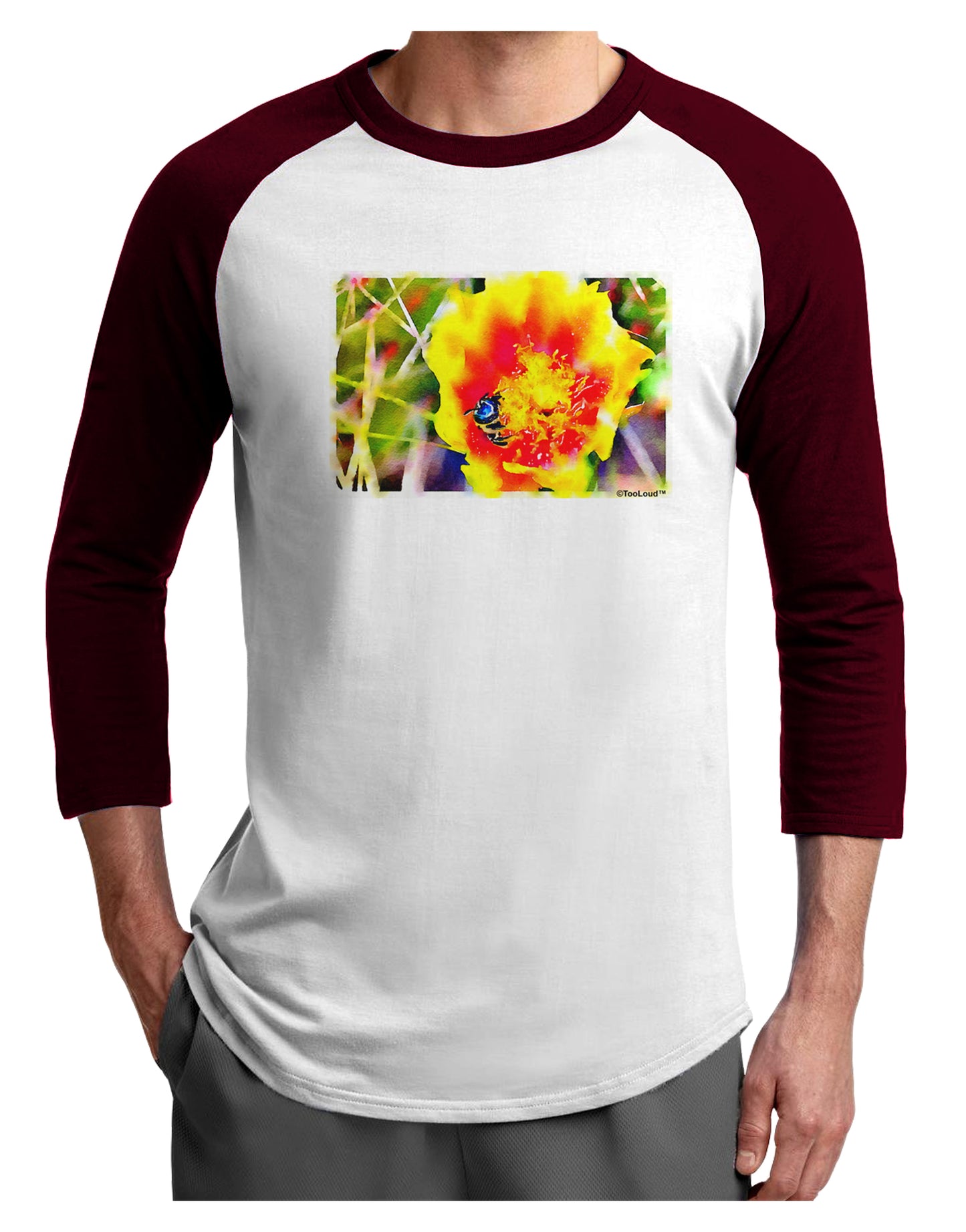 Bee Cactus Watercolor Adult Raglan Shirt-Raglan Shirt-TooLoud-White-Cardinal-X-Small-Davson Sales