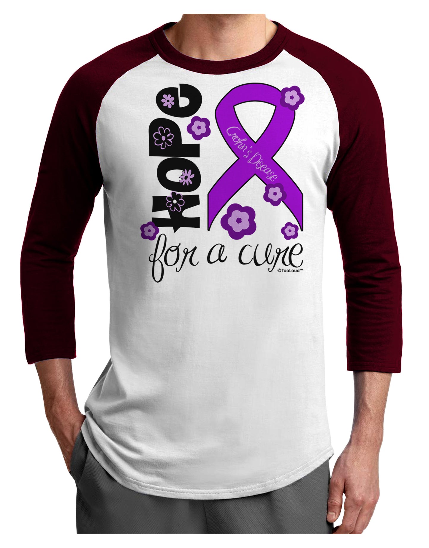 Hope for a Cure - Purple Ribbon Crohn’s Disease - Flowers Adult Raglan Shirt-TooLoud-White-Cardinal-X-Small-Davson Sales