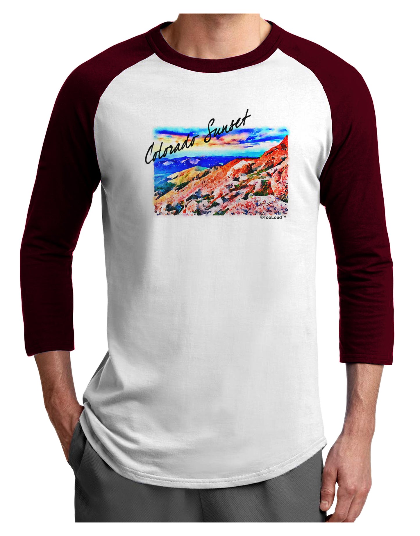 Colorado Mtn Sunset Bold WaterColor Adult Raglan Shirt-Raglan Shirt-TooLoud-White-Cardinal-X-Small-Davson Sales