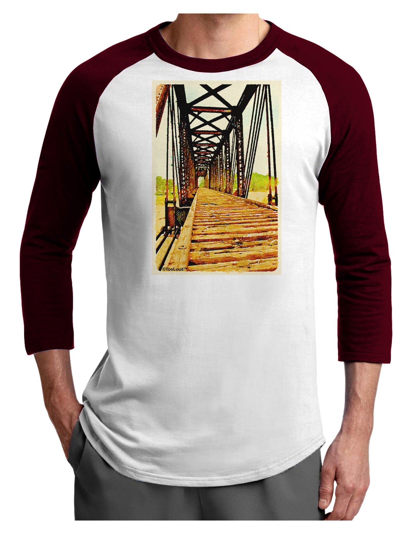 Colorado Bridge Watercolor Adult Raglan Shirt-TooLoud-White-Cardinal-X-Small-Davson Sales