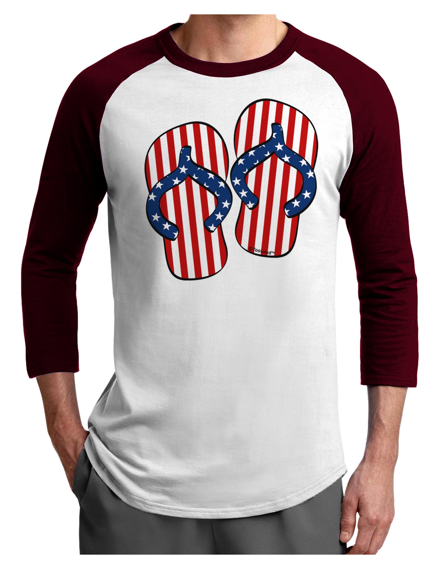 Stars and Stripes Flip Flops Adult Raglan Shirt-TooLoud-White-Cardinal-X-Small-Davson Sales