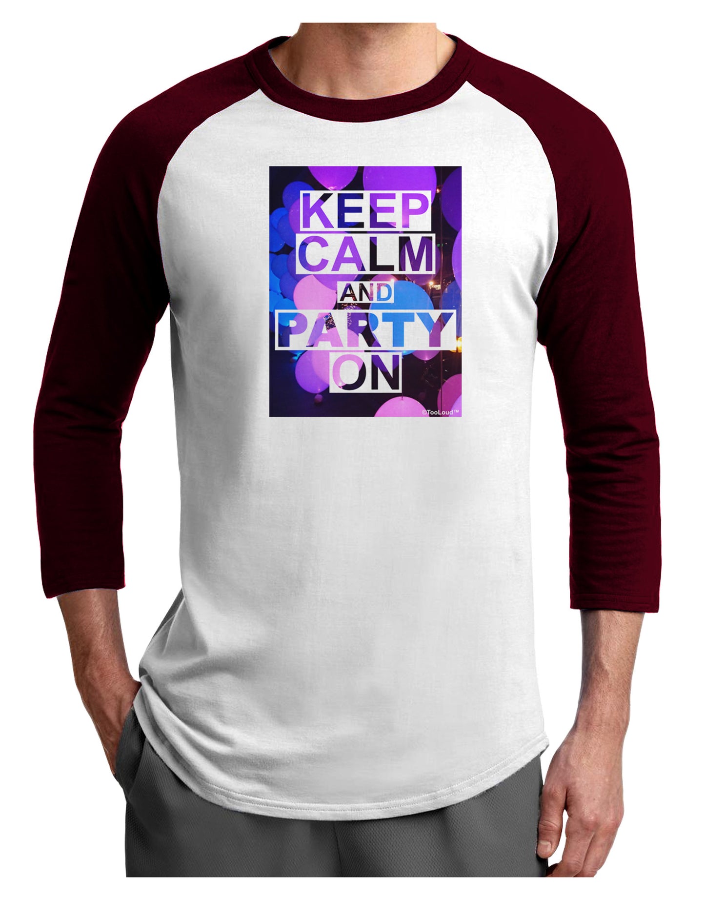 Keep Calm - Party Balloons Adult Raglan Shirt-Raglan Shirt-TooLoud-White-Cardinal-X-Small-Davson Sales