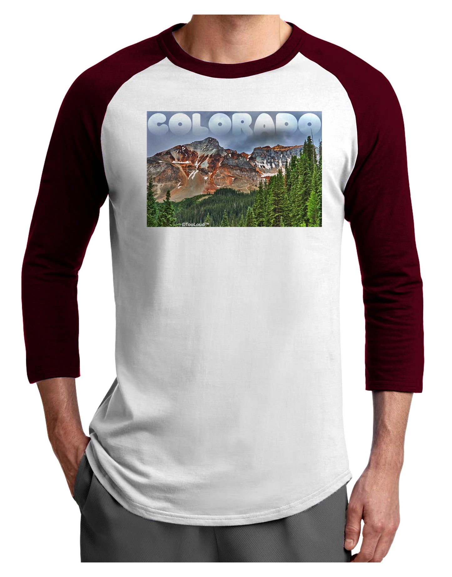 Colorado Mountains Forrest Text Adult Raglan Shirt-TooLoud-White-Cardinal-X-Small-Davson Sales