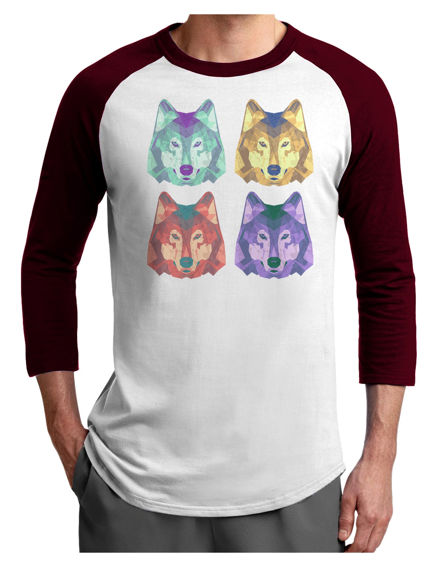Geometric Wolf Head Pop Art Adult Raglan Shirt-TooLoud-White-Cardinal-X-Small-Davson Sales