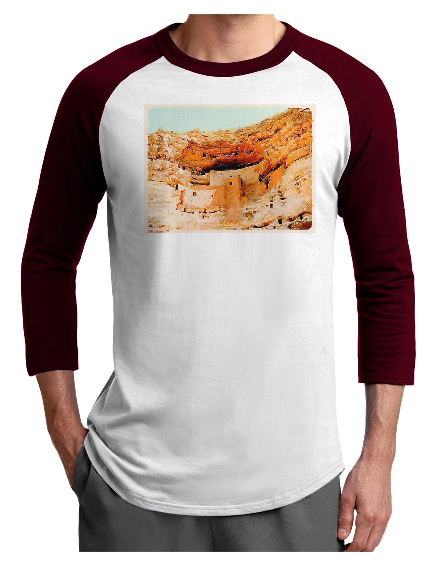 Montezuma Castle Watercolor Adult Raglan Shirt-TooLoud-White-Cardinal-X-Small-Davson Sales
