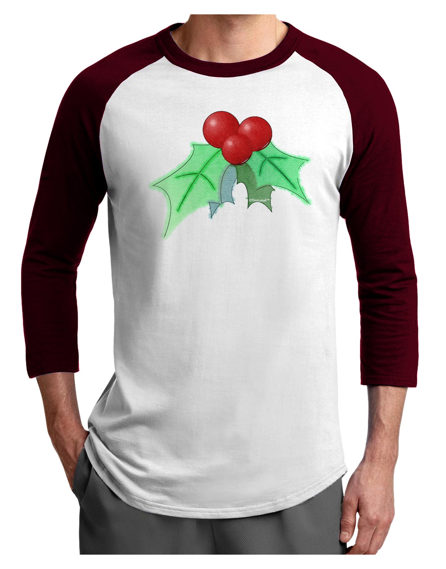 Holly Watercolor Adult Raglan Shirt-TooLoud-White-Cardinal-X-Small-Davson Sales