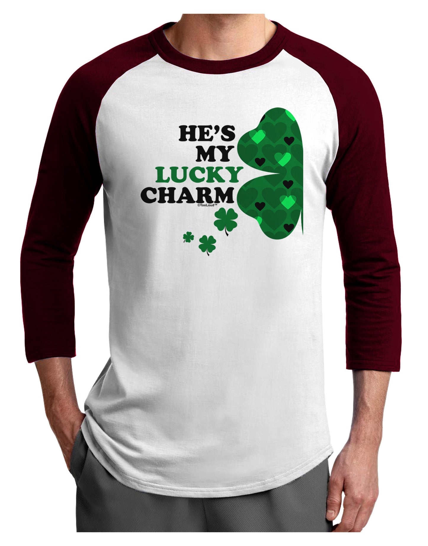 He's My Lucky Charm - Left Adult Raglan Shirt-Raglan Shirt-TooLoud-White-Cardinal-X-Small-Davson Sales