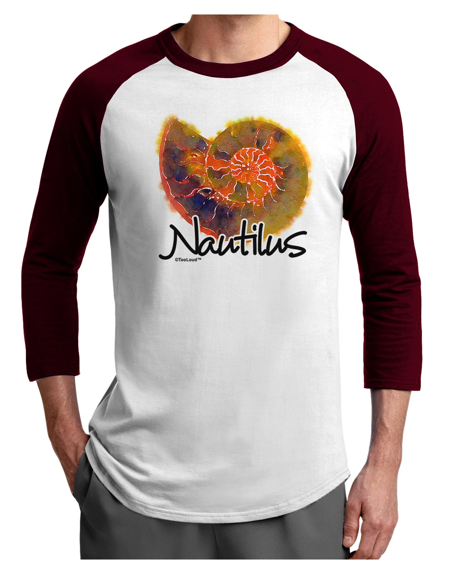 Nautilus Fossil Watercolor Text Adult Raglan Shirt-TooLoud-White-Cardinal-X-Small-Davson Sales