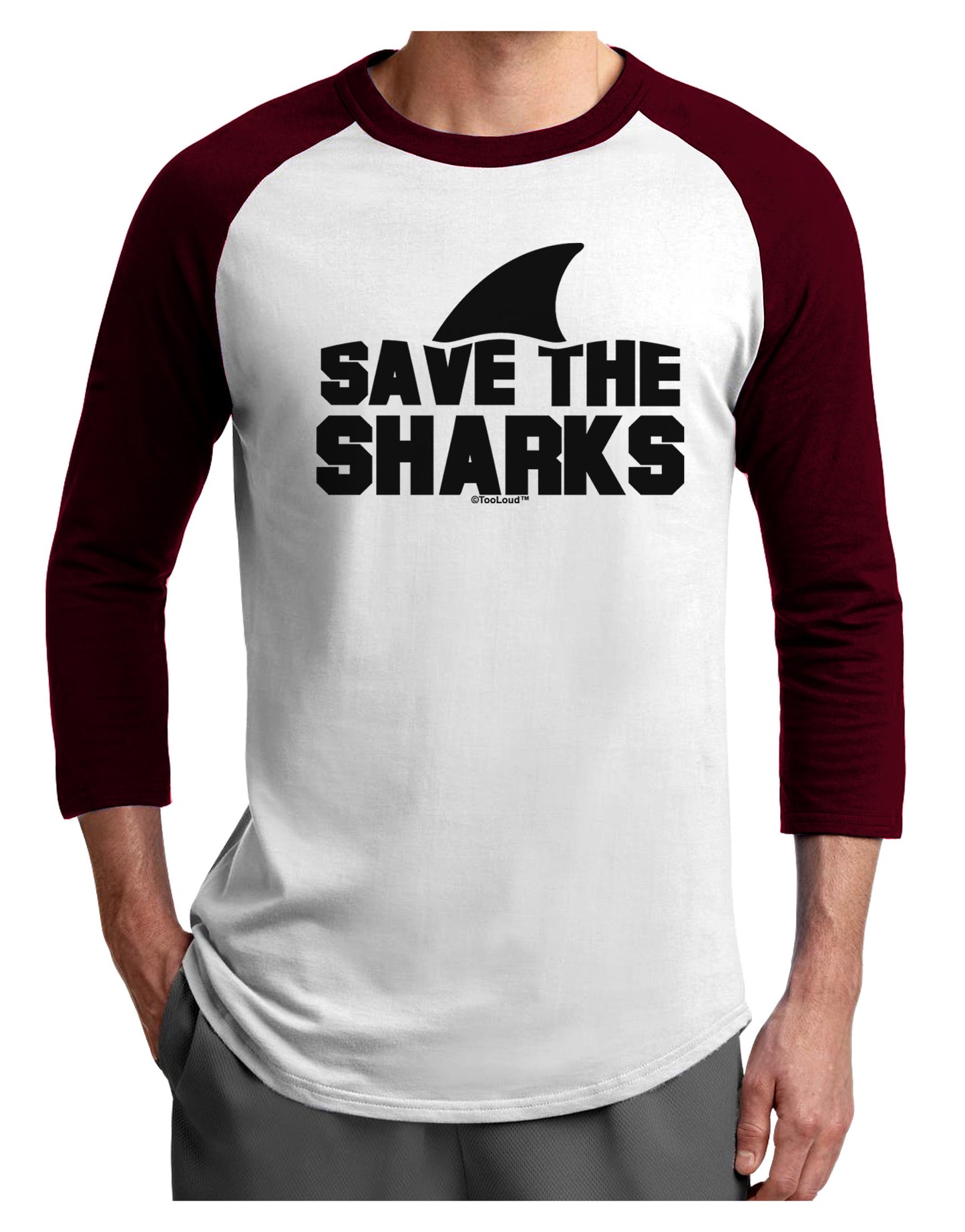 Save The Sharks - Fin Adult Raglan Shirt-TooLoud-White-Cardinal-X-Small-Davson Sales