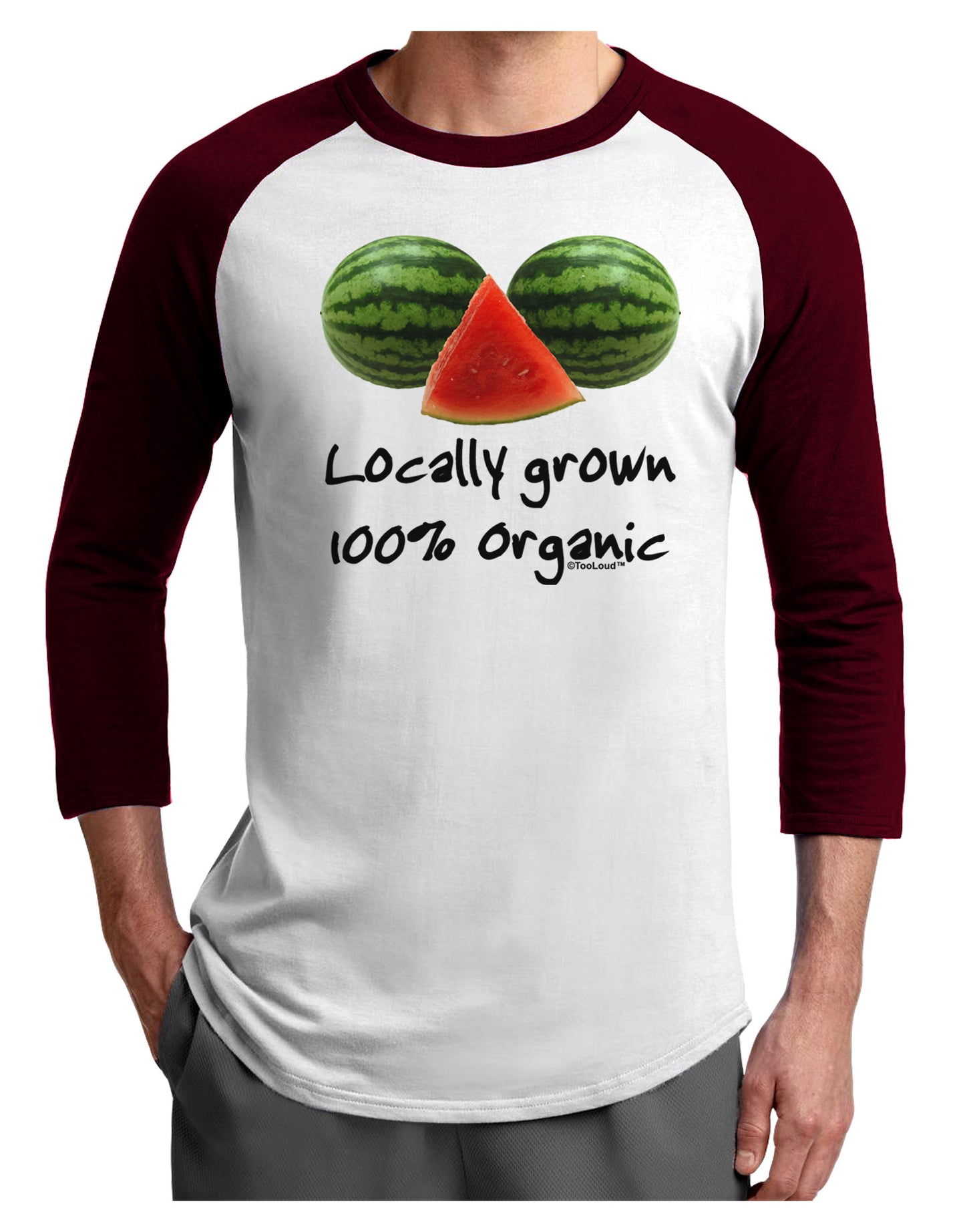 Locally Grown Organic Melons Adult Raglan Shirt-TooLoud-White-Cardinal-X-Small-Davson Sales
