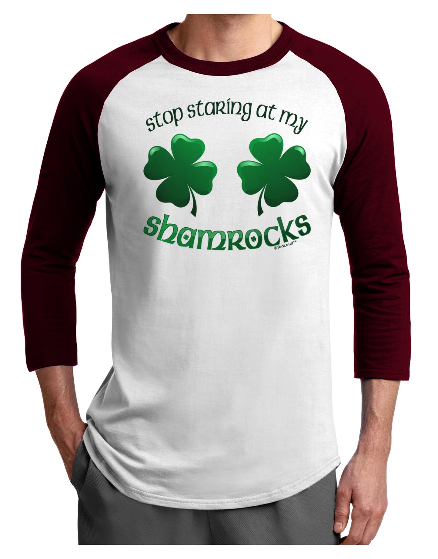 Stop Staring At My Shamrocks Adult Raglan Shirt-Raglan Shirt-TooLoud-White-Cardinal-X-Small-Davson Sales