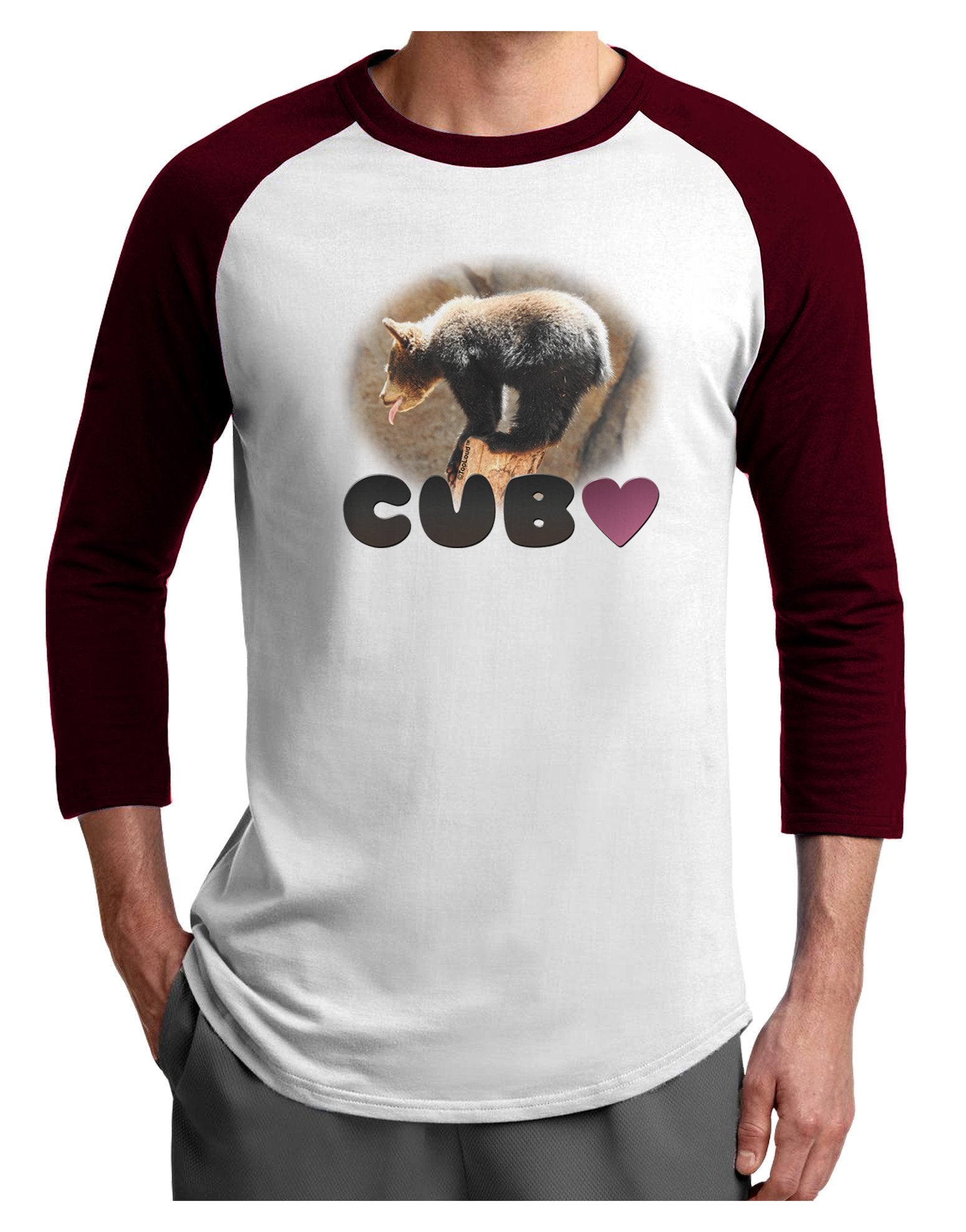 Balancing Bear Cub with Text Adult Raglan Shirt-TooLoud-White-Cardinal-XXX-Large-Davson Sales