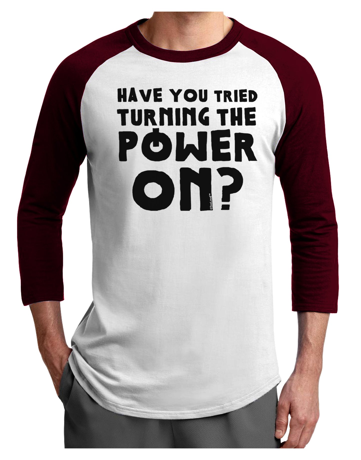 Turning the Power On Adult Raglan Shirt-TooLoud-White-Cardinal-X-Small-Davson Sales