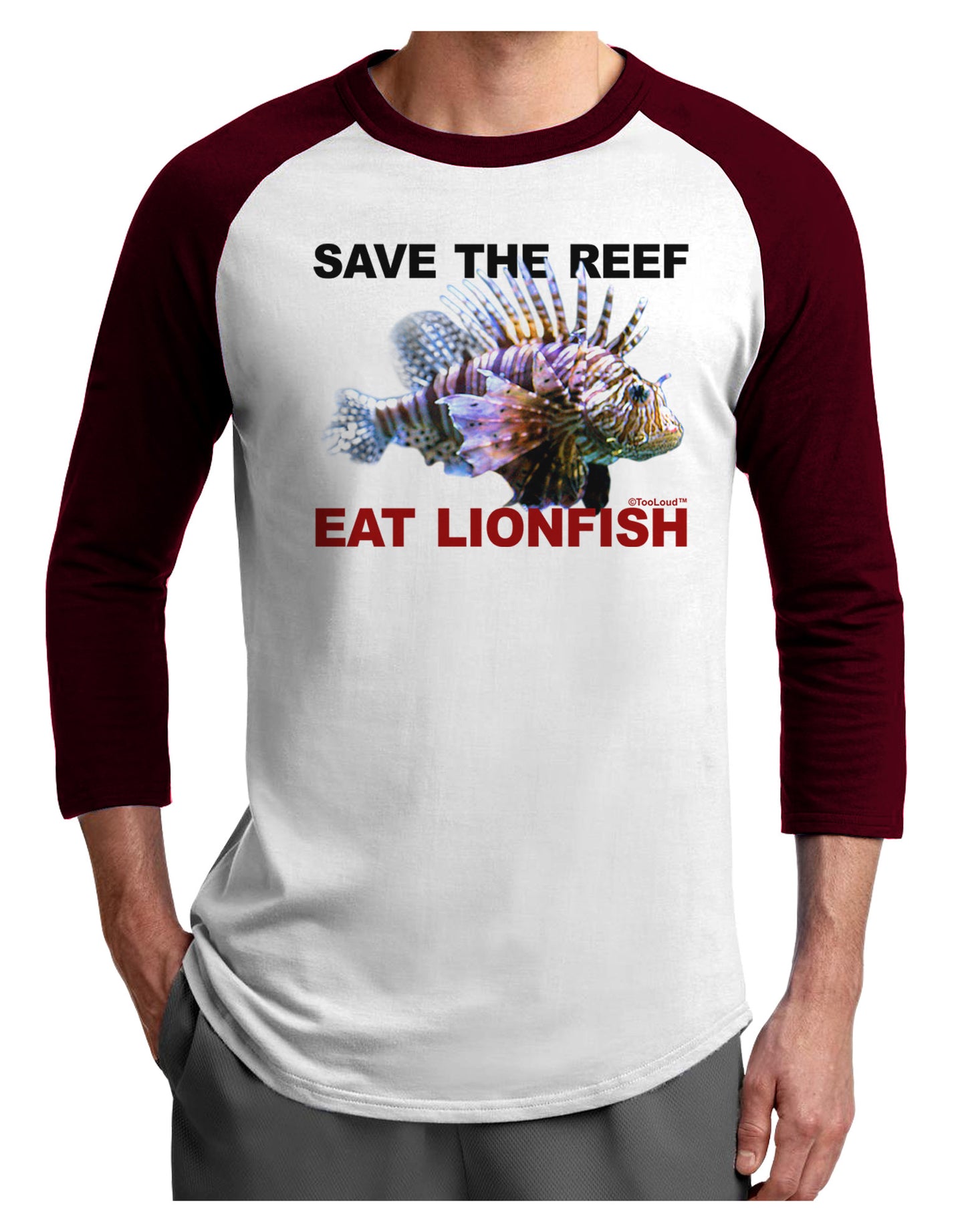 Save the Reef - Eat Lionfish Adult Raglan Shirt-Raglan Shirt-TooLoud-White-Cardinal-X-Small-Davson Sales