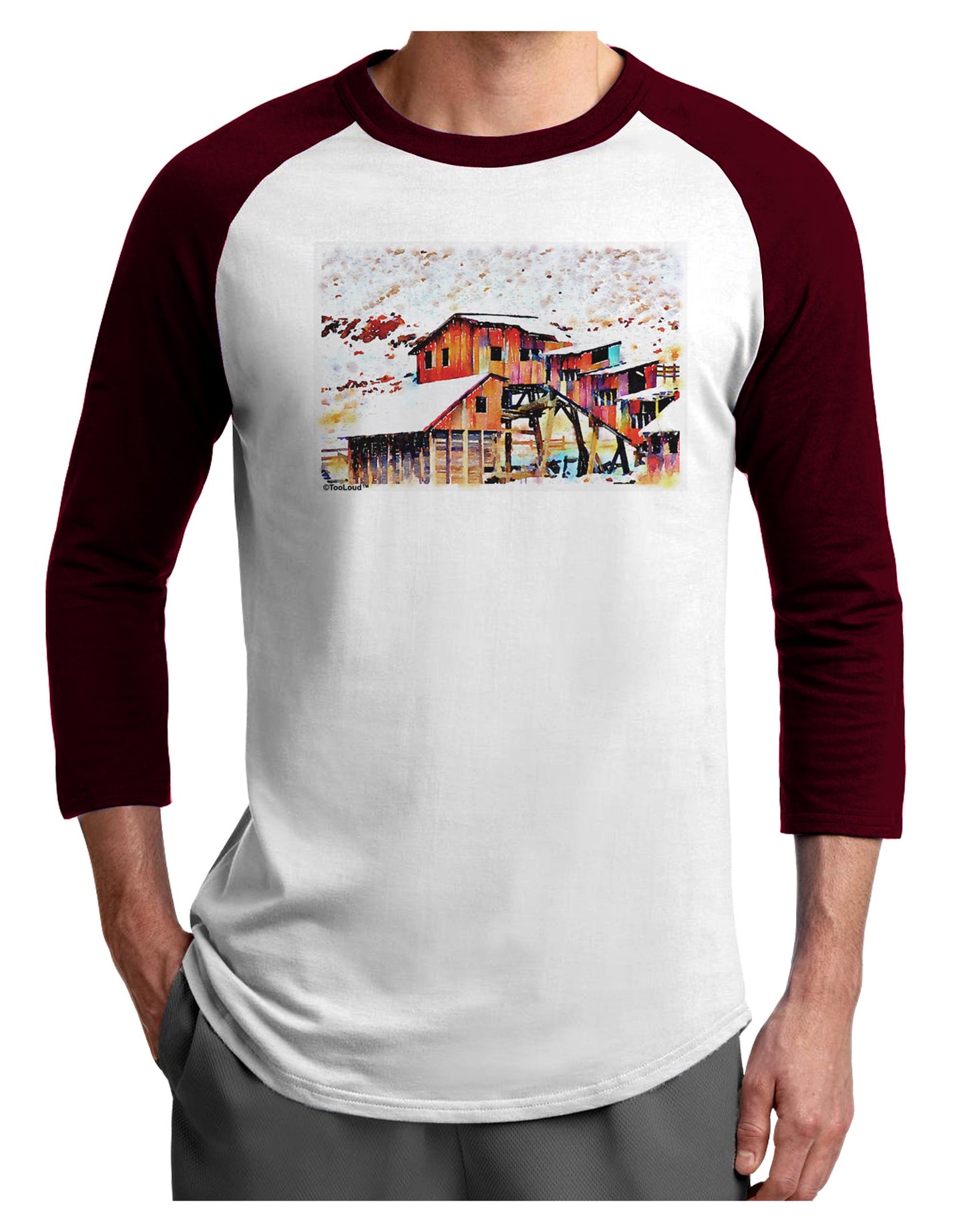 Mine Scene Colorado Watercolor Adult Raglan Shirt-TooLoud-White-Cardinal-X-Small-Davson Sales