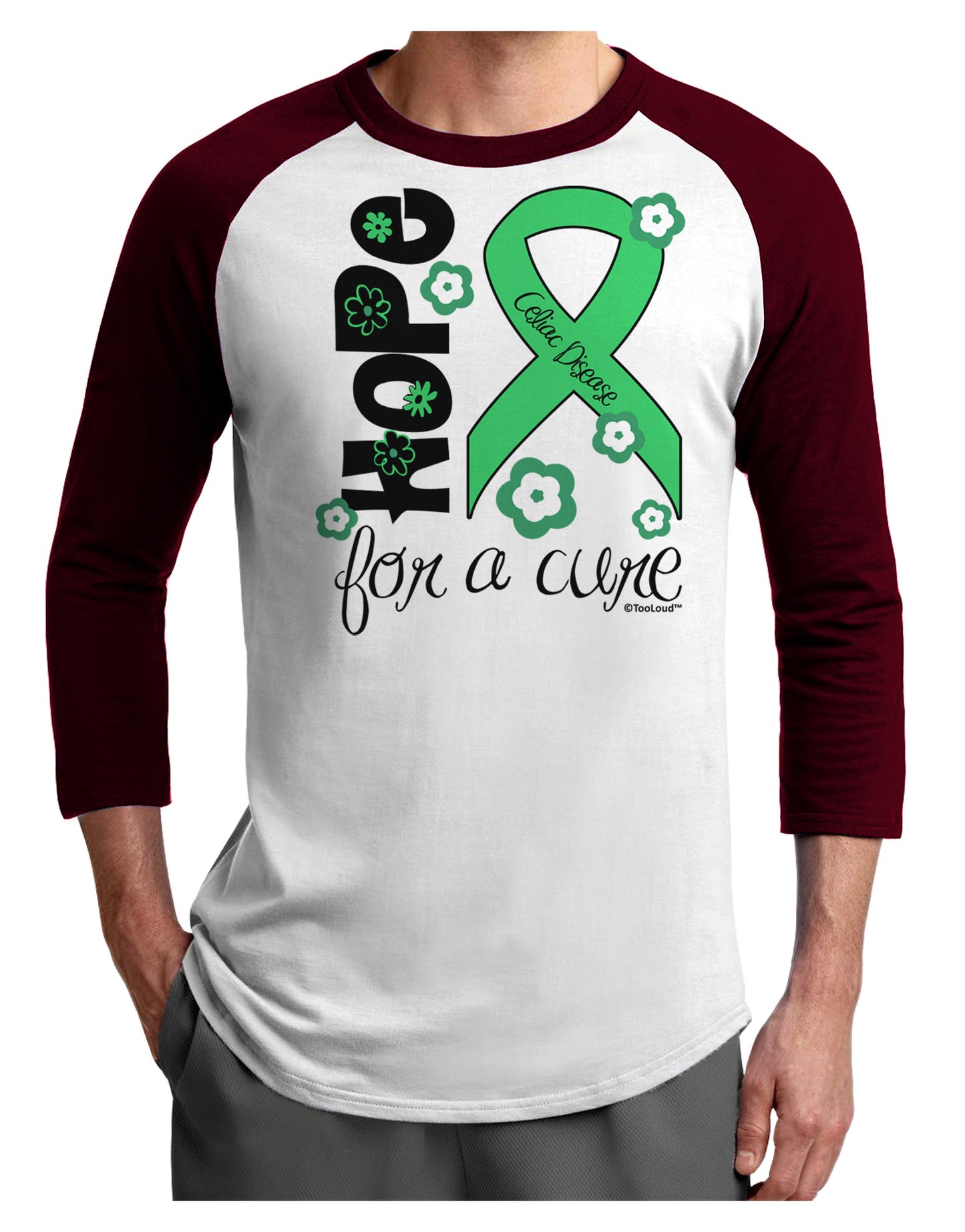Hope for a Cure - Light Green Ribbon Celiac Disease - Flowers Adult Raglan Shirt-TooLoud-White-Cardinal-X-Small-Davson Sales