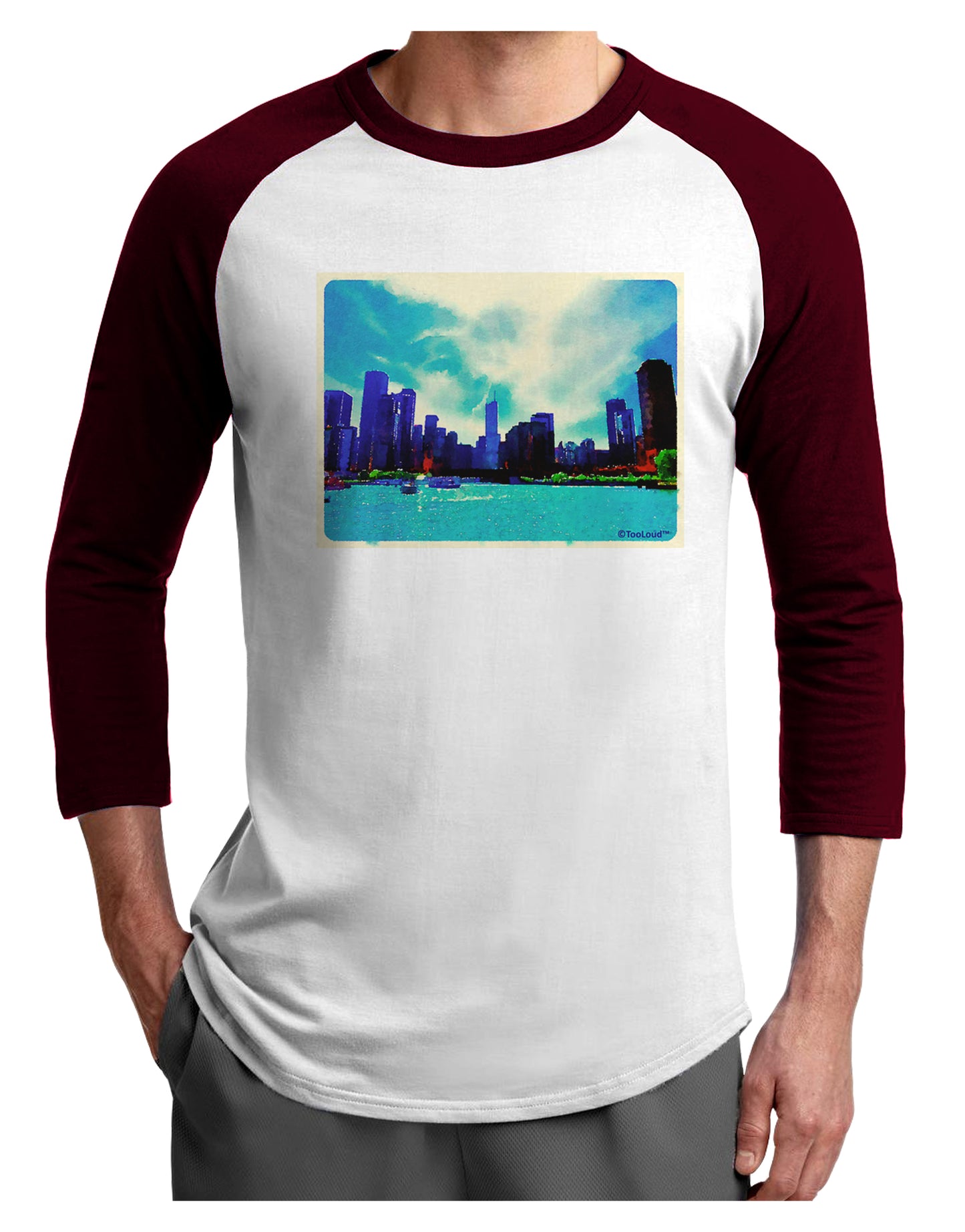 Chicago Skyline Watercolor Adult Raglan Shirt-TooLoud-White-Cardinal-X-Small-Davson Sales