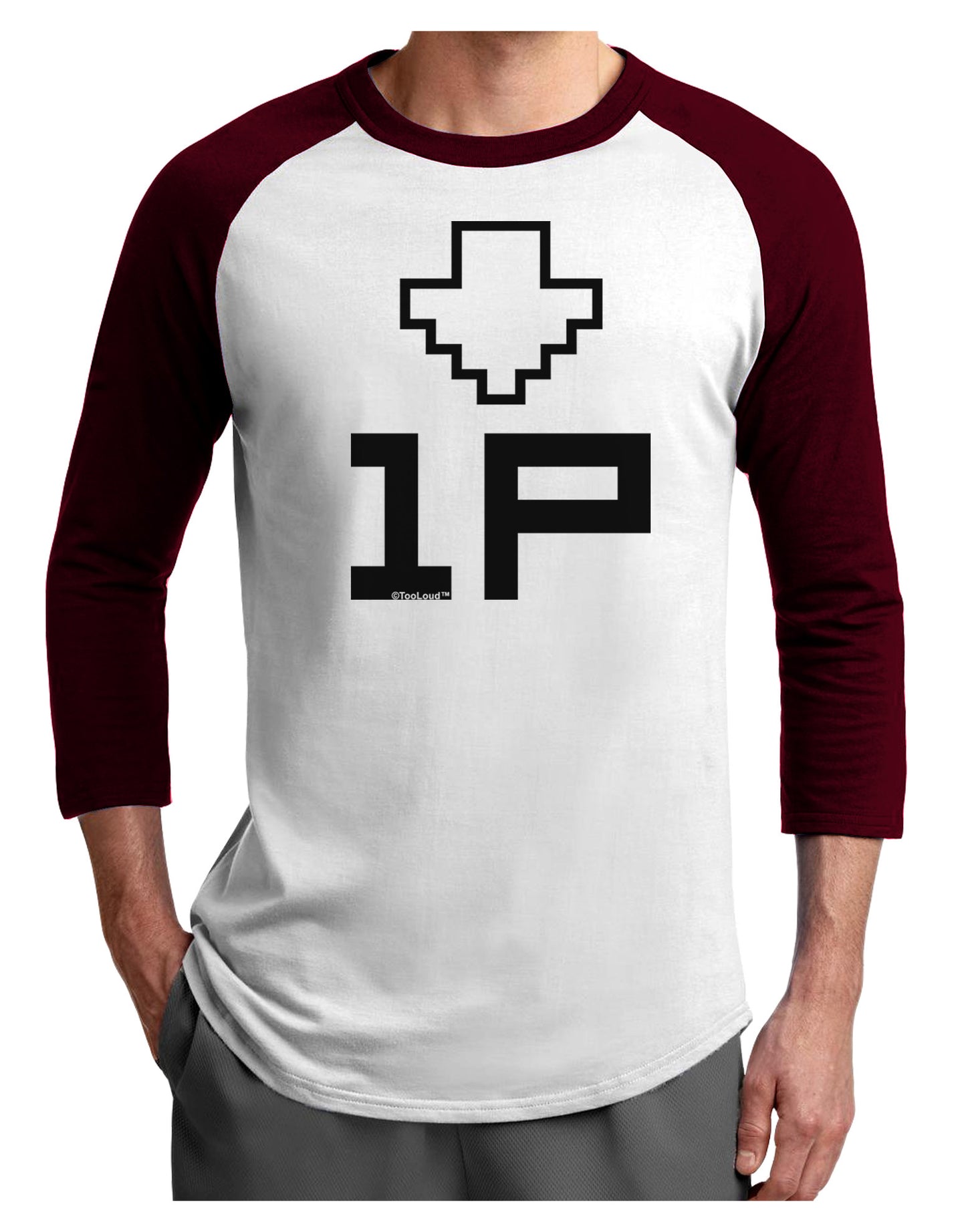 Player One Couples Design Adult Raglan Shirt-TooLoud-White-Cardinal-X-Small-Davson Sales