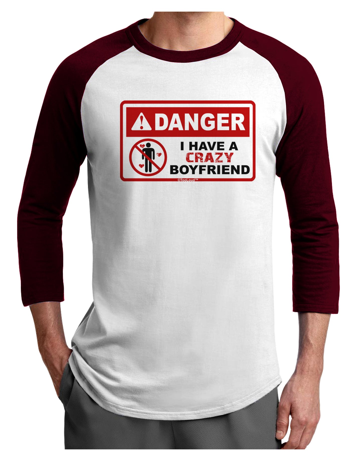 Danger - Crazy Boyfriend Adult Raglan Shirt-Raglan Shirt-TooLoud-White-Cardinal-X-Small-Davson Sales