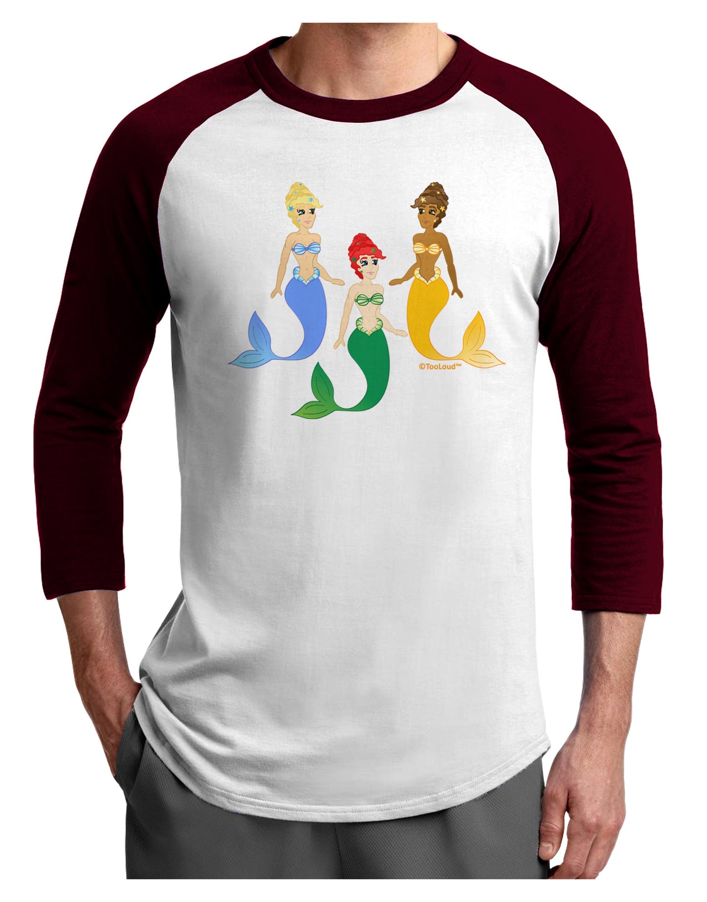 Three Mermaids Adult Raglan Shirt-TooLoud-White-Cardinal-X-Small-Davson Sales