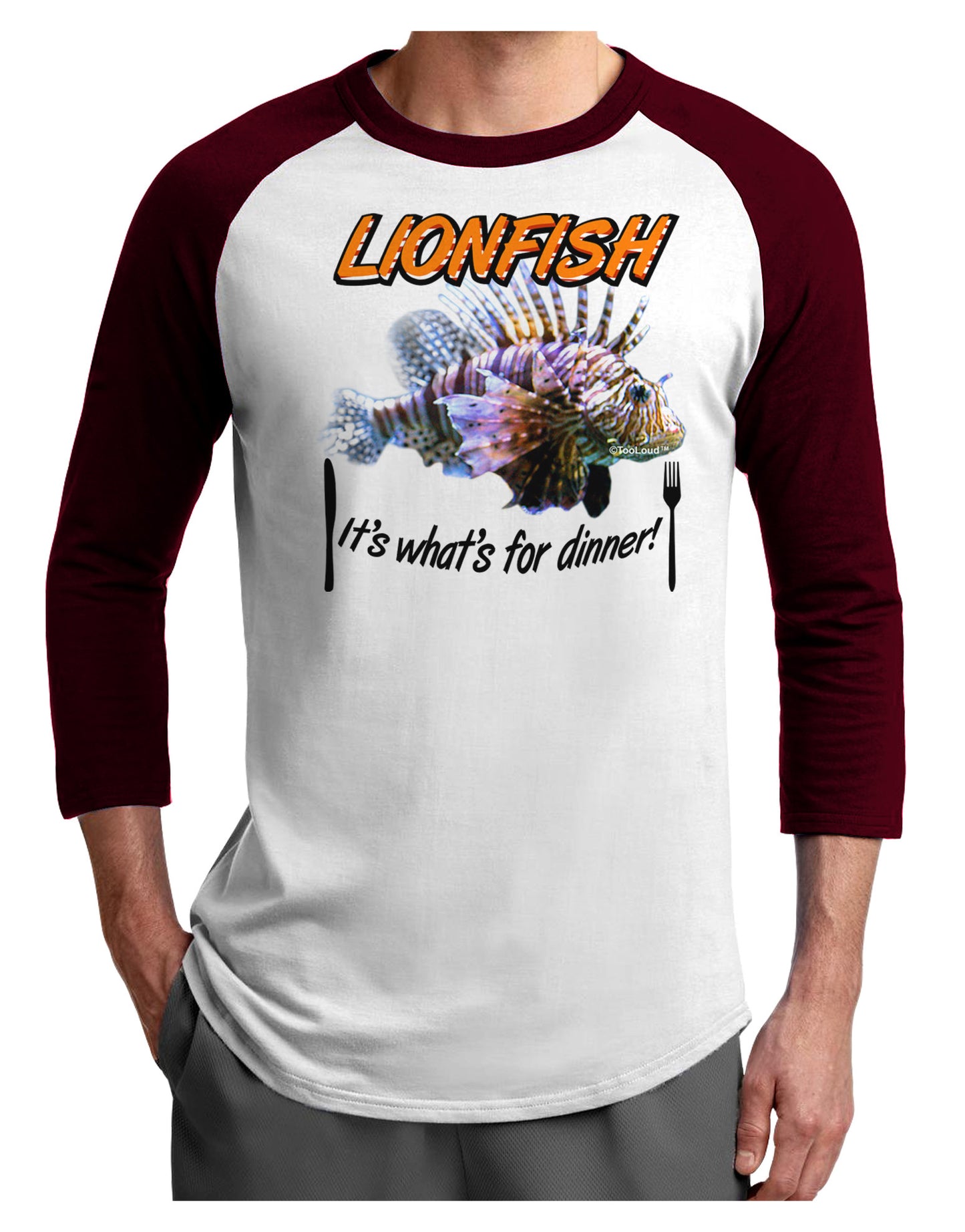 Lionfish - It's What's For Dinner Adult Raglan Shirt-Raglan Shirt-TooLoud-White-Cardinal-X-Small-Davson Sales