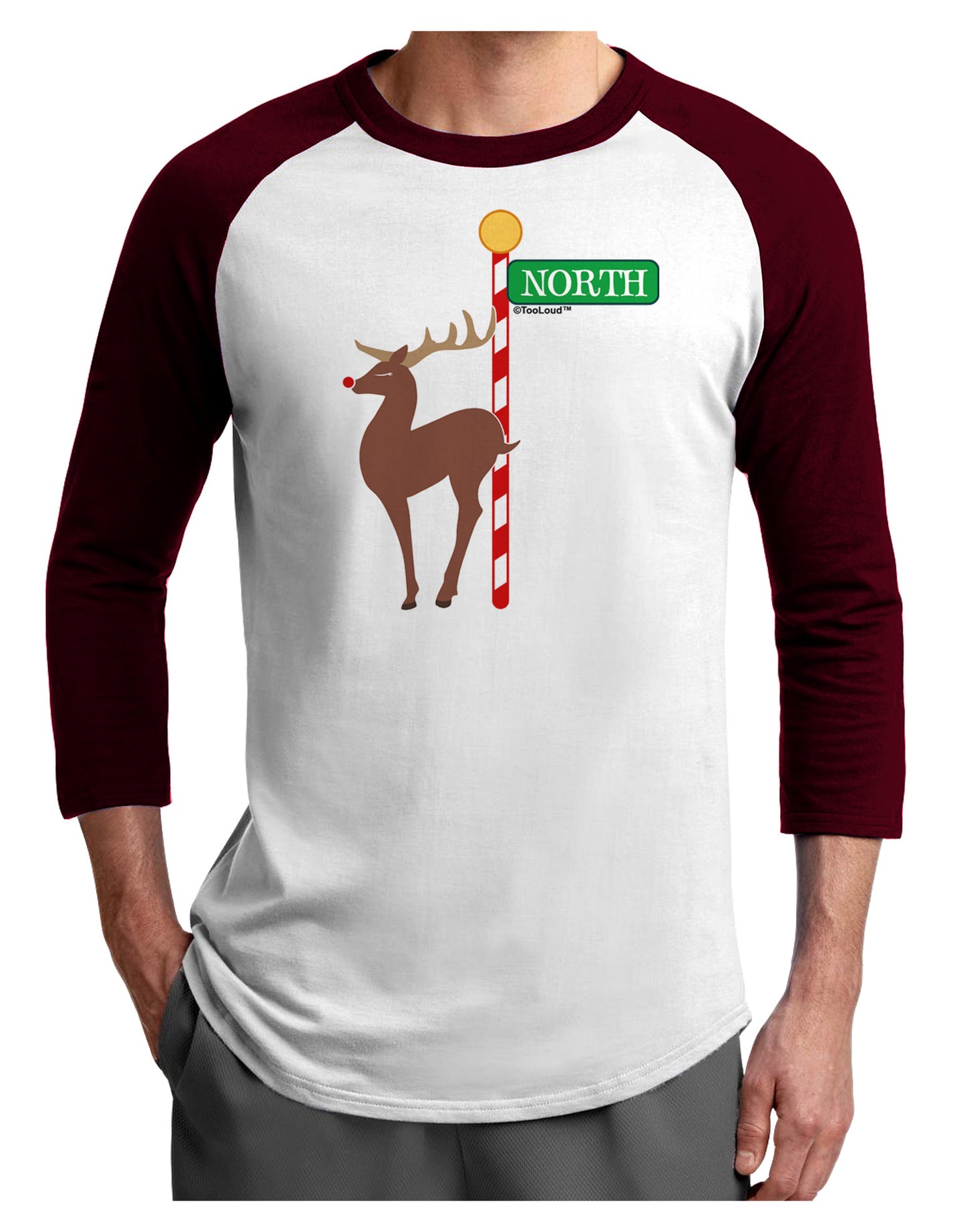 Rudolf Ratchet Reindeer Color Adult Raglan Shirt-TooLoud-White-Cardinal-X-Small-Davson Sales