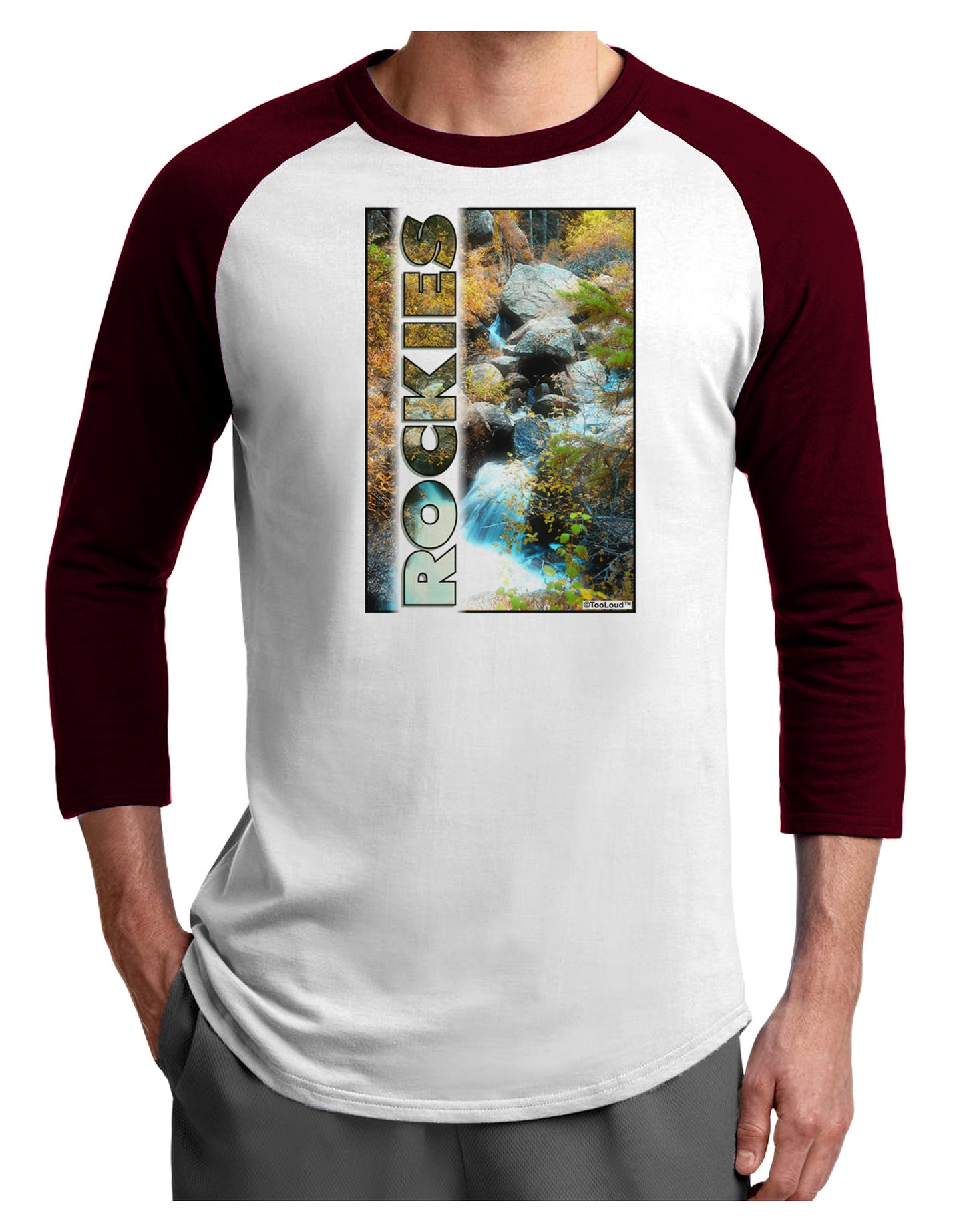 Rockies Waterfall with Text Adult Raglan Shirt-Raglan Shirt-TooLoud-White-Cardinal-X-Small-Davson Sales