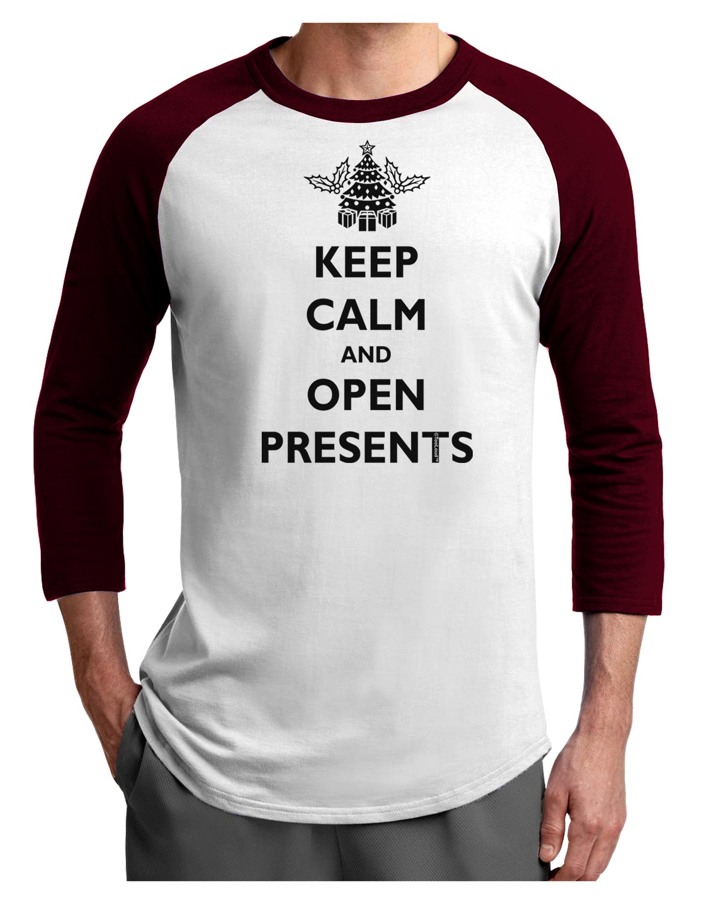 Keep Calm and Open Presents Christmas Adult Raglan Shirt-Raglan Shirt-TooLoud-White-Cardinal-X-Small-Davson Sales