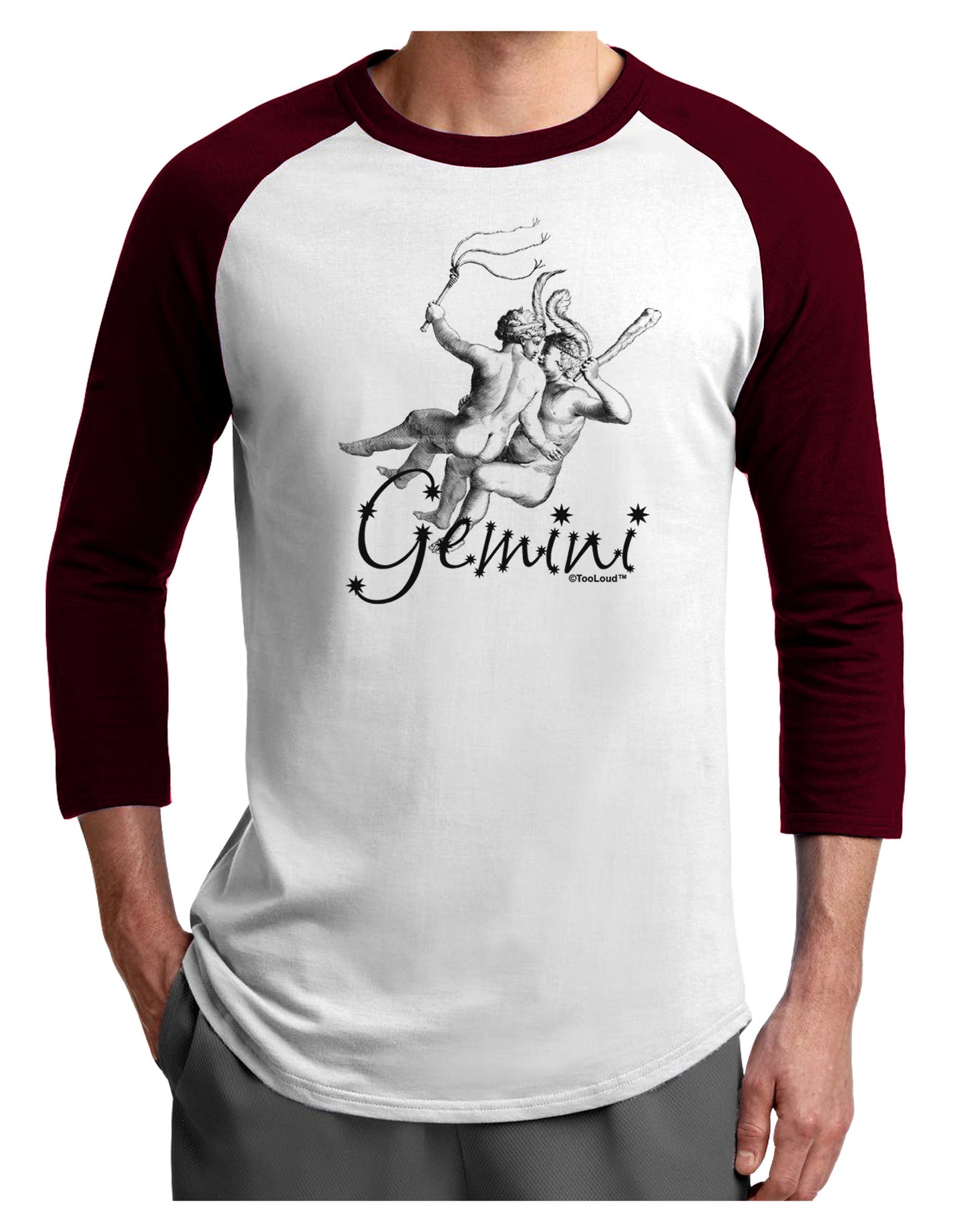 Gemini Illustration Adult Raglan Shirt-TooLoud-White-Cardinal-X-Small-Davson Sales