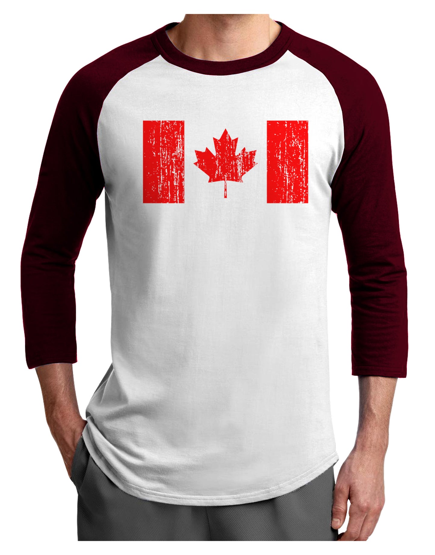 Distressed Canadian Flag Maple Leaf Adult Raglan Shirt-TooLoud-White-Cardinal-X-Small-Davson Sales