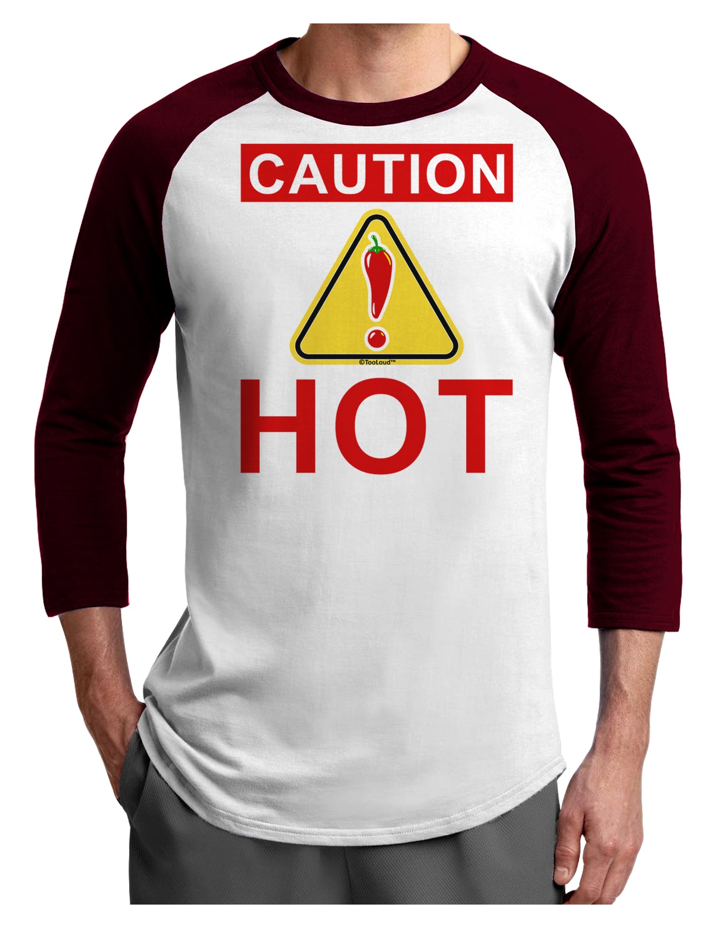 Caution Hot Chili Pepper Sign Adult Raglan Shirt-Raglan Shirt-TooLoud-White-Cardinal-X-Small-Davson Sales