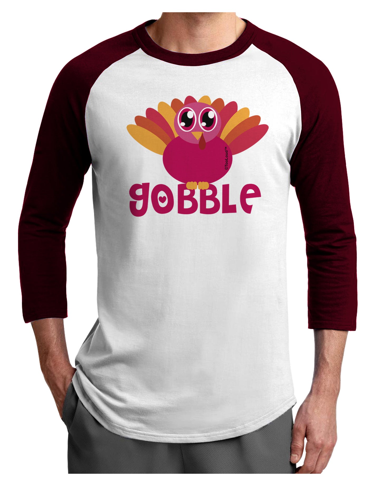 Cute Gobble Turkey Pink Adult Raglan Shirt-Raglan Shirt-TooLoud-White-Cardinal-X-Small-Davson Sales