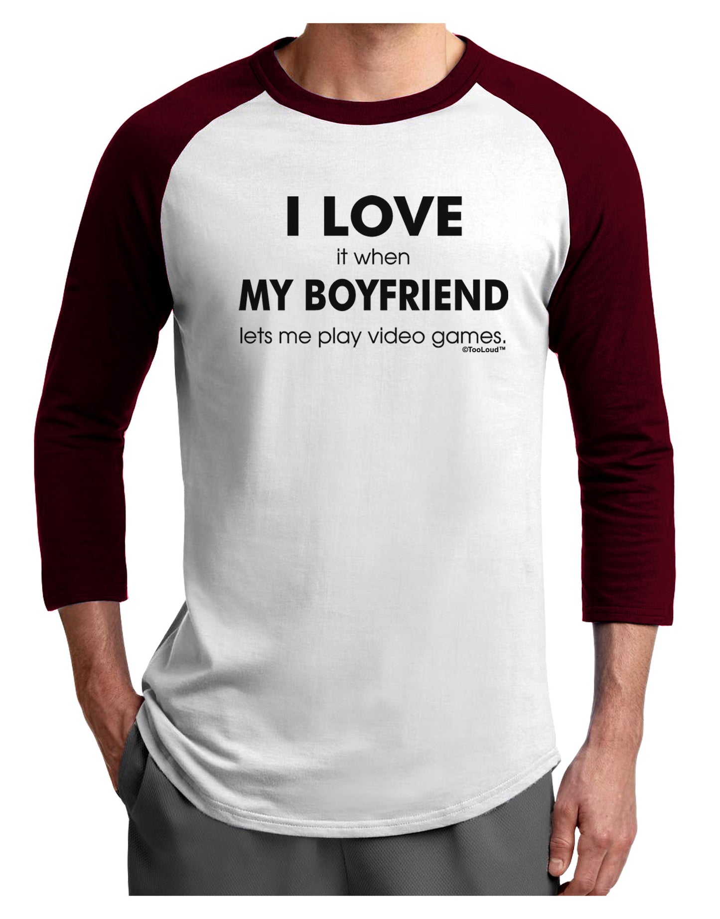 I Love My Boyfriend Videogames Adult Raglan Shirt-TooLoud-White-Cardinal-X-Small-Davson Sales