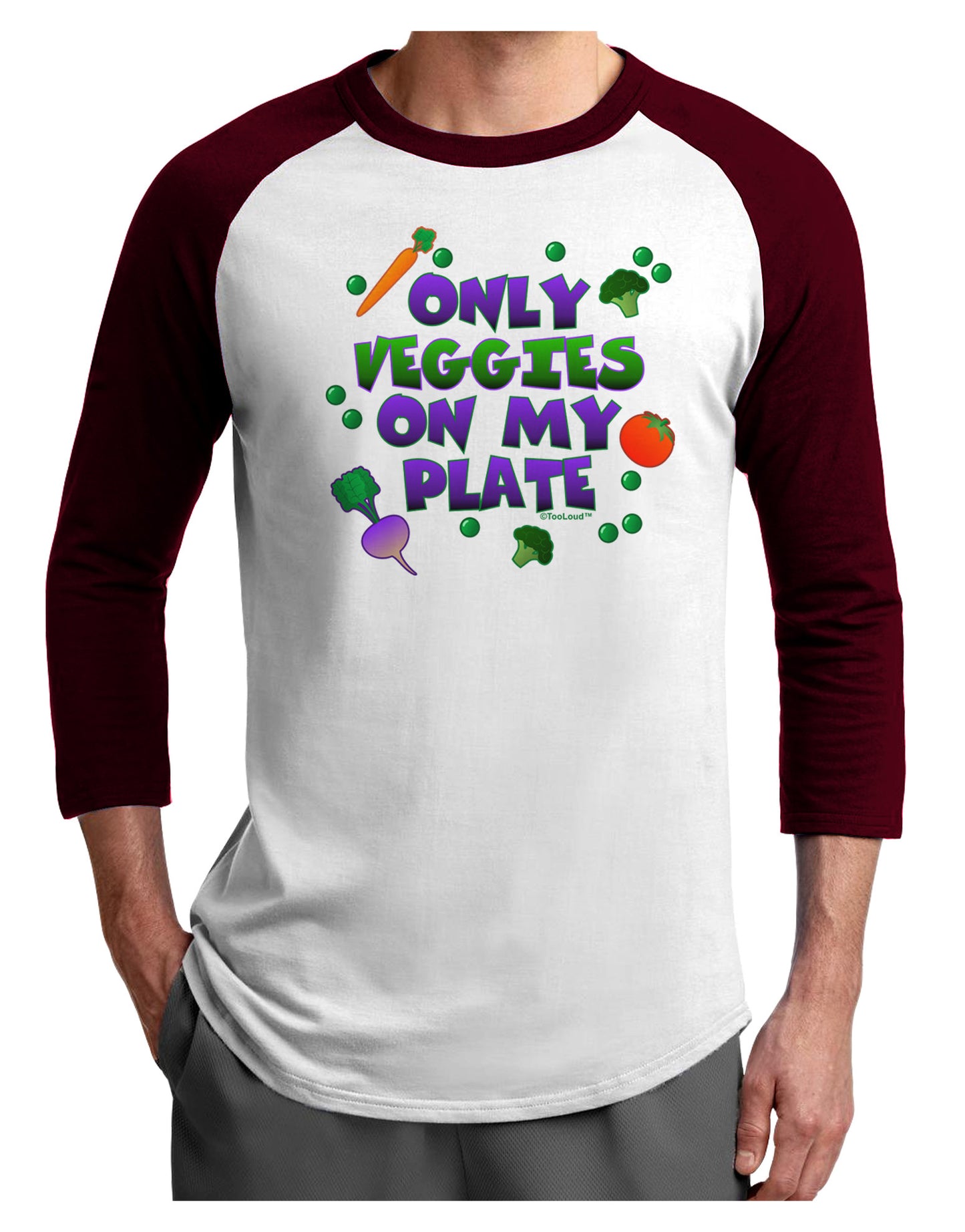 Only Veggies On My Plate Adult Raglan Shirt-Raglan Shirt-TooLoud-White-Cardinal-X-Small-Davson Sales