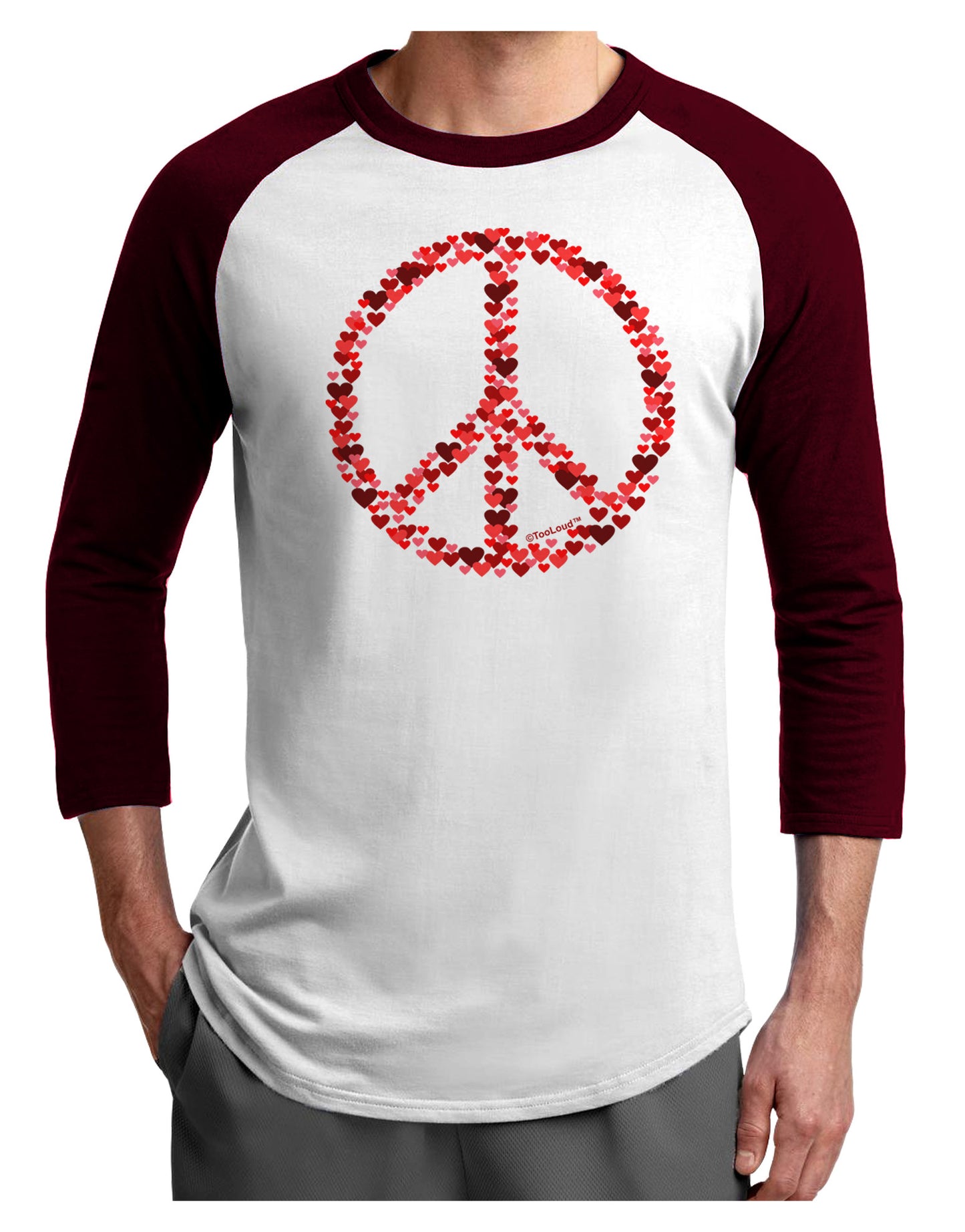 Peace Sign Hearts Red Adult Raglan Shirt-Raglan Shirt-TooLoud-White-Cardinal-X-Small-Davson Sales