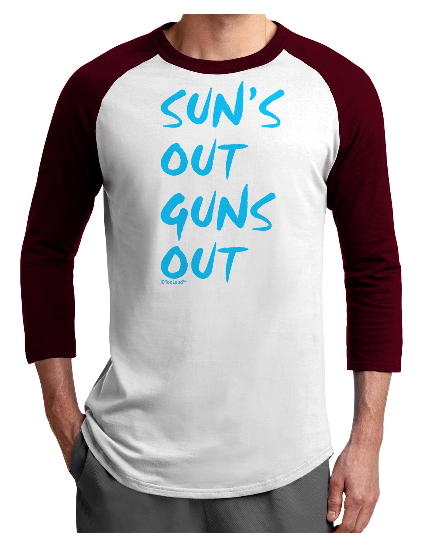 Suns Out Guns Out - Blue Adult Raglan Shirt-TooLoud-White-Cardinal-X-Small-Davson Sales