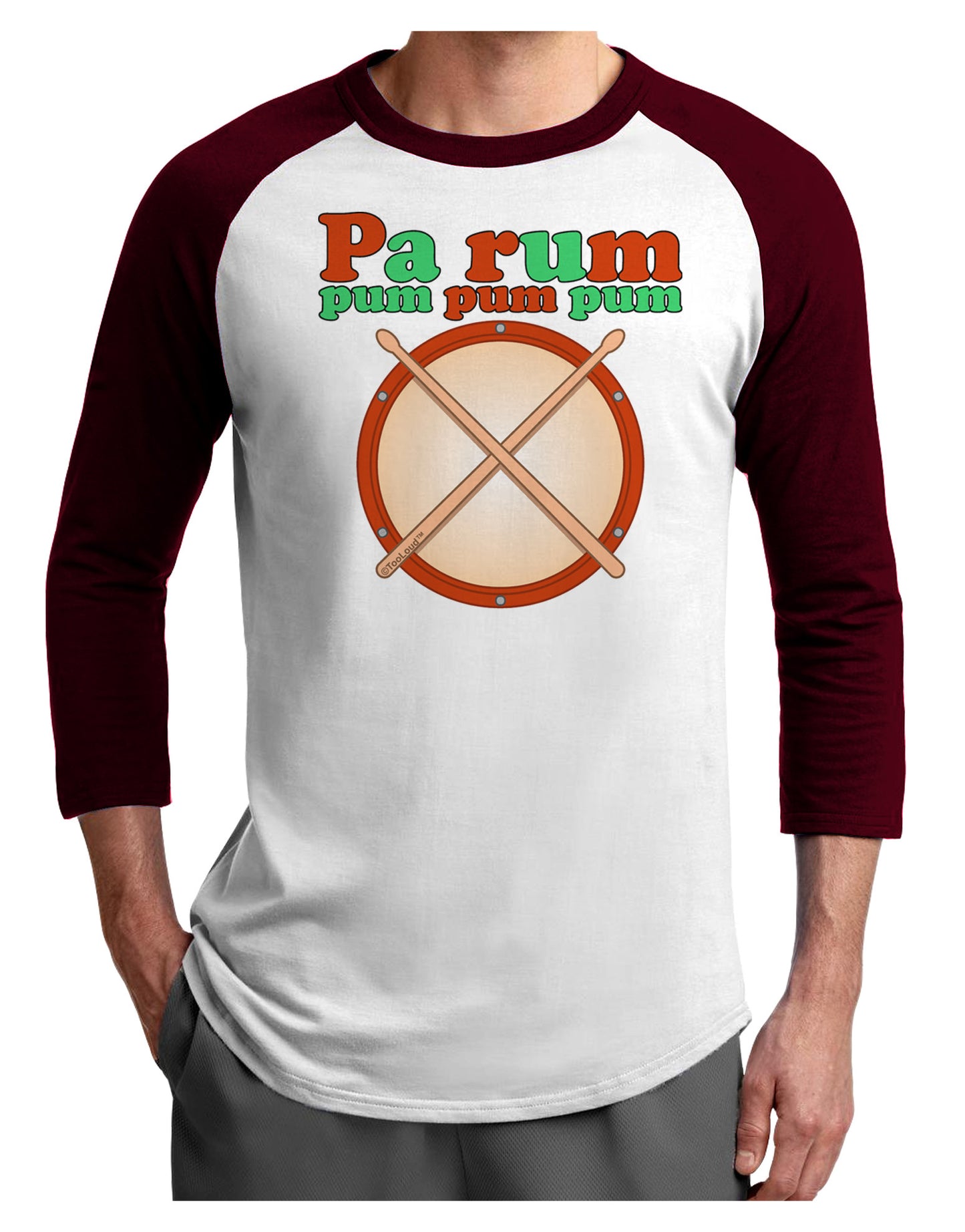 Pa Rum Pum Pum Pum Adult Raglan Shirt-TooLoud-White-Cardinal-X-Small-Davson Sales