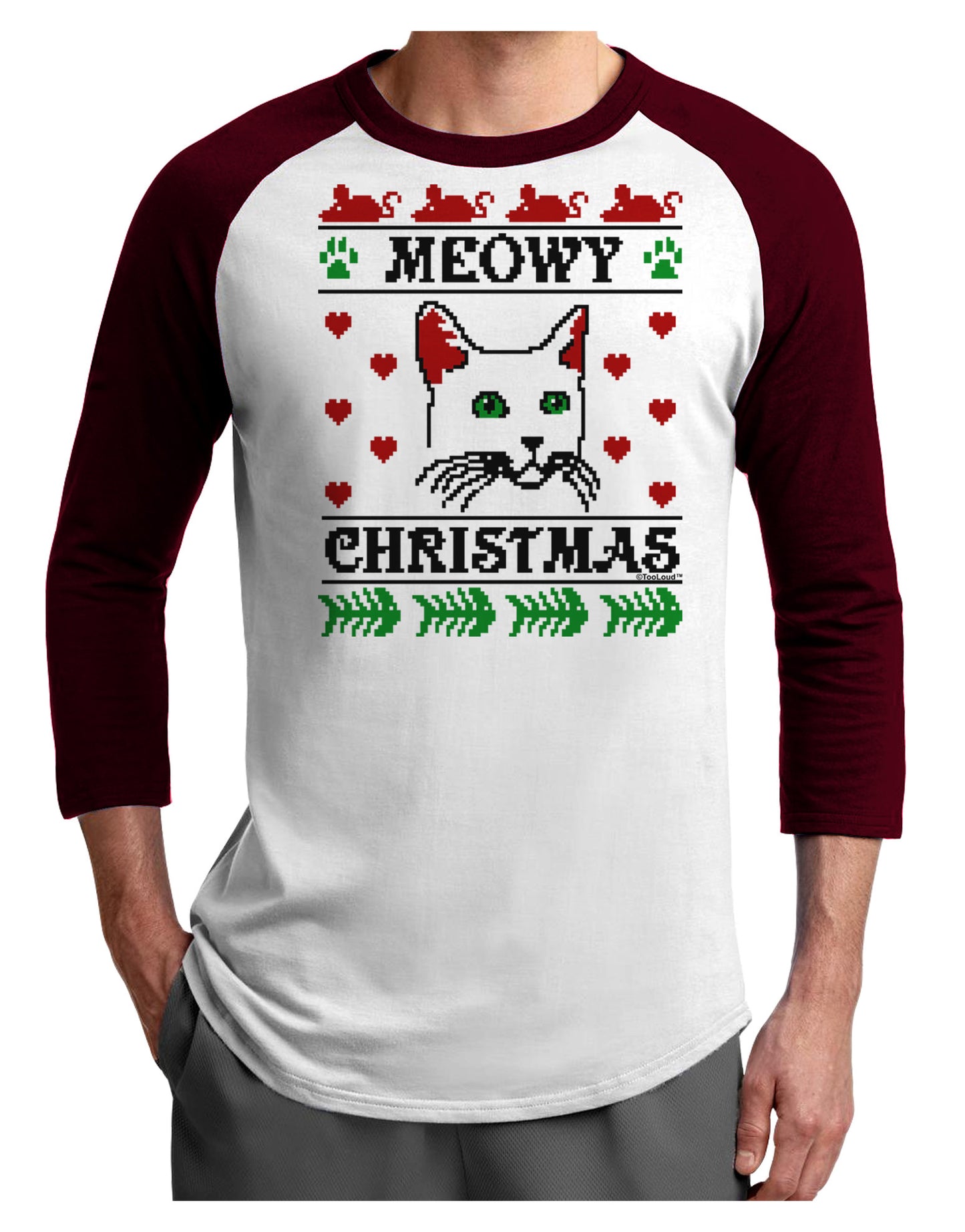 Meowy Christmas Cat Knit Look Adult Raglan Shirt by-Raglan Shirt-TooLoud-White-Cardinal-X-Small-Davson Sales