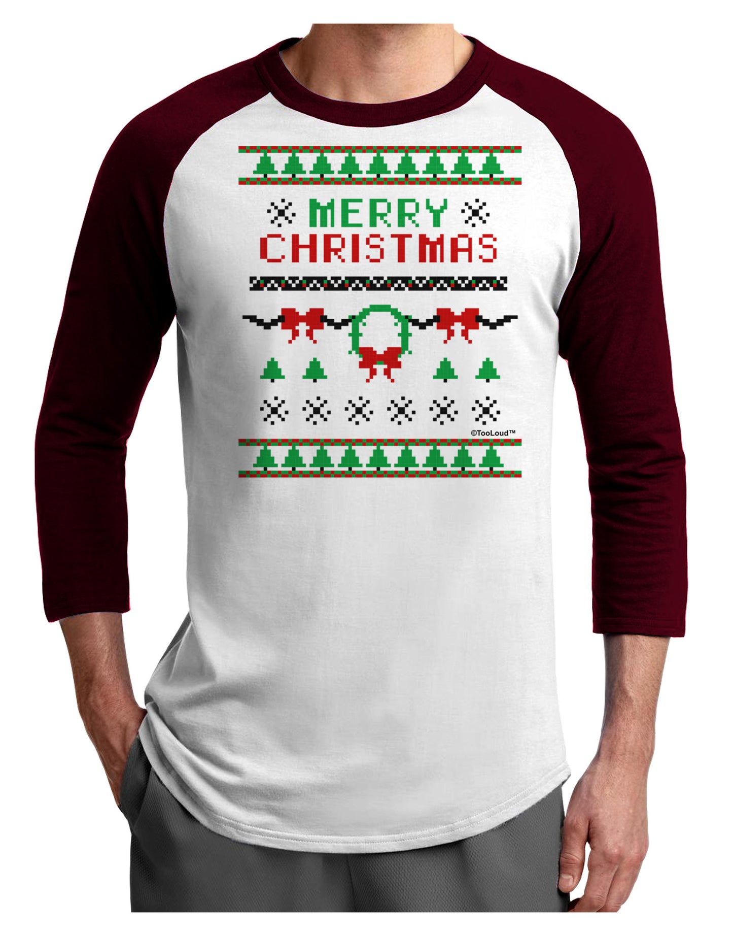 Merry Christmas Ugly Christmas Sweater Adult Raglan Shirt-Raglan Shirt-TooLoud-White-Cardinal-X-Small-Davson Sales