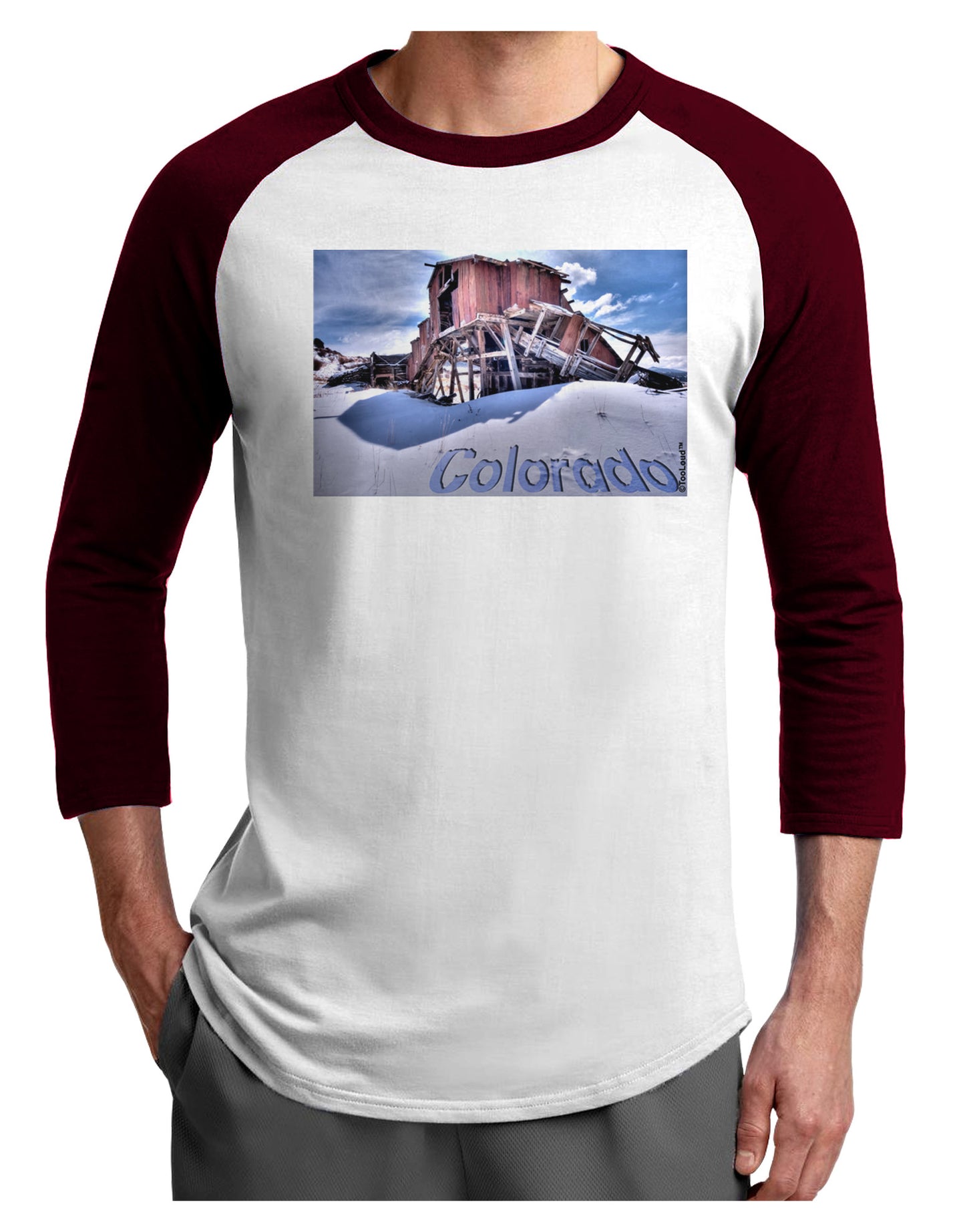 Victor Mines Colorado Text Adult Raglan Shirt-TooLoud-White-Cardinal-X-Small-Davson Sales