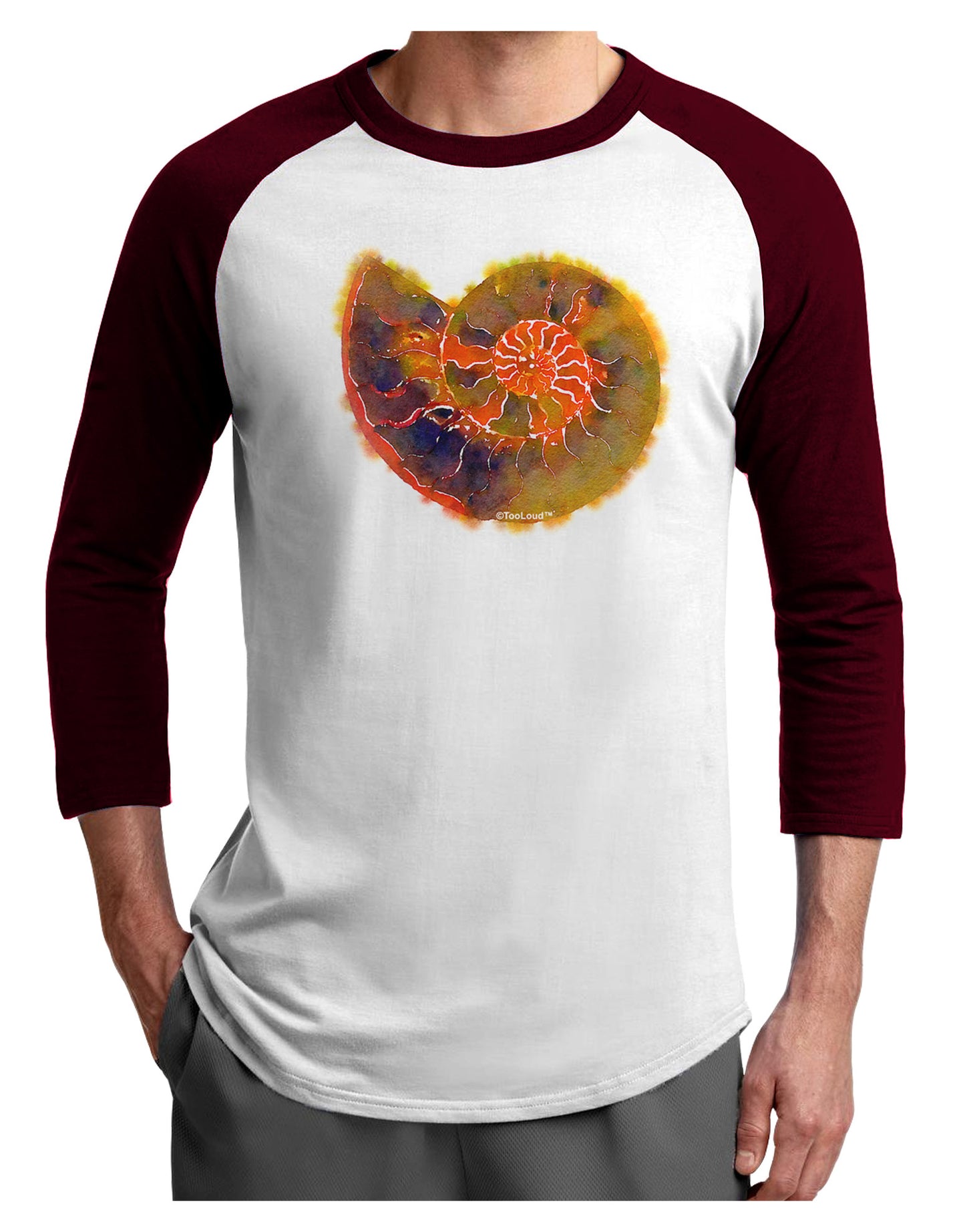 Nautilus Fossil Watercolor Adult Raglan Shirt-TooLoud-White-Cardinal-X-Small-Davson Sales