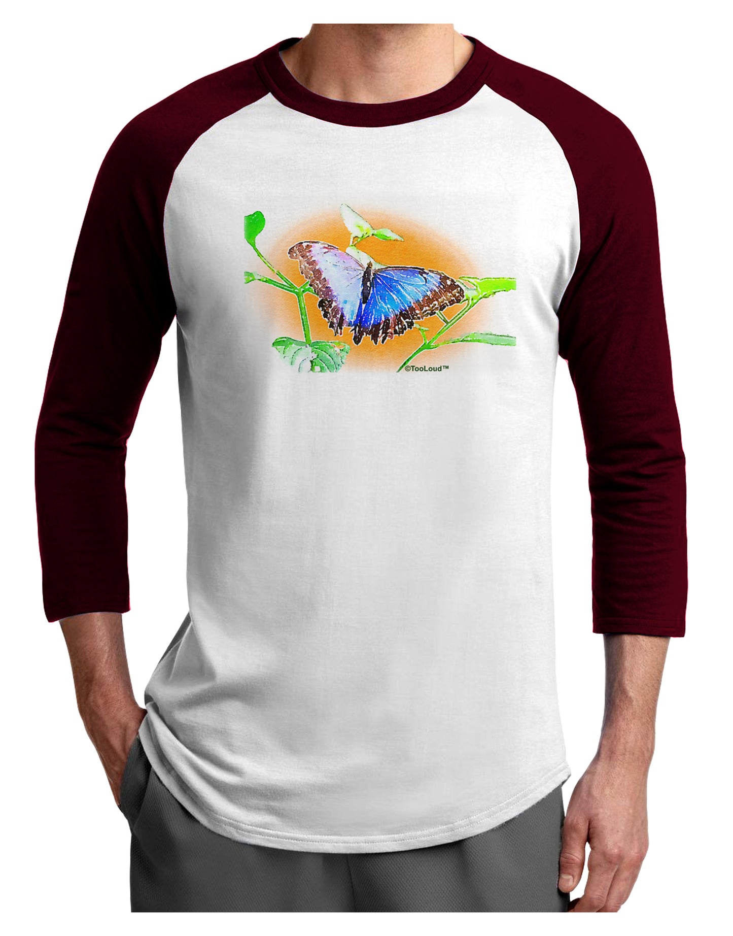 Blue Watercolor Butterfly Adult Raglan Shirt-TooLoud-White-Cardinal-X-Small-Davson Sales