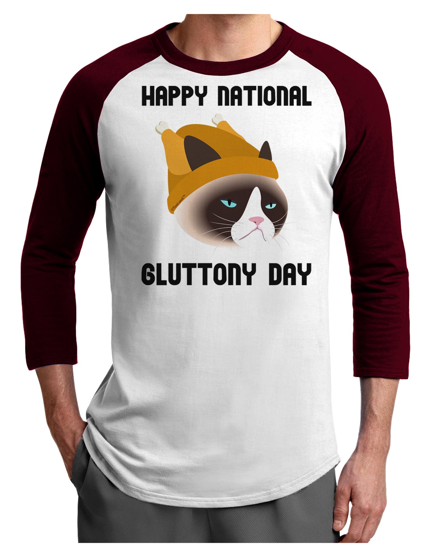 Gluttony Day Disgruntled Cat Adult Raglan Shirt by-Raglan Shirt-TooLoud-White-Cardinal-X-Small-Davson Sales