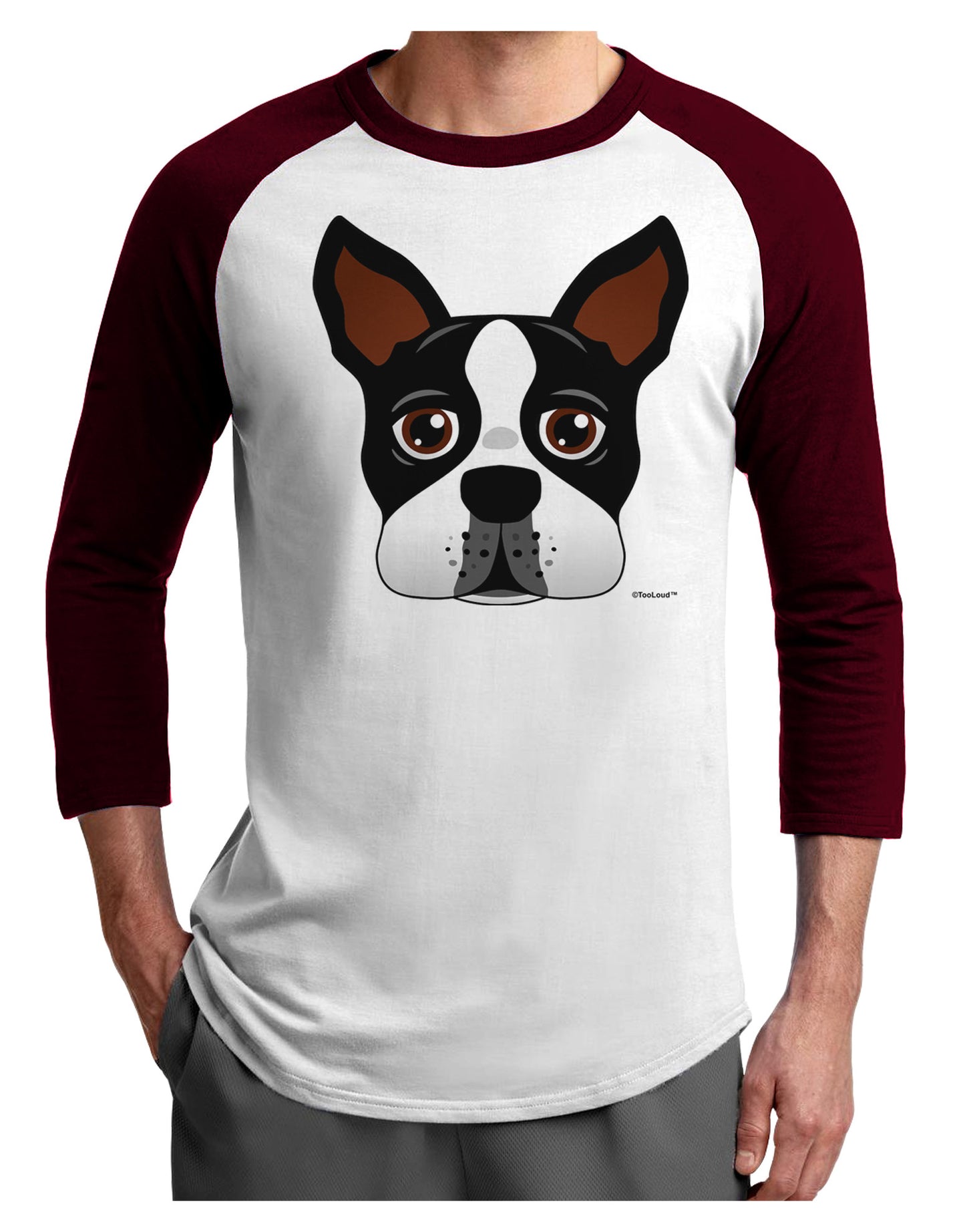 Cute Boston Terrier Dog Face Adult Raglan Shirt-TooLoud-White-Cardinal-X-Small-Davson Sales