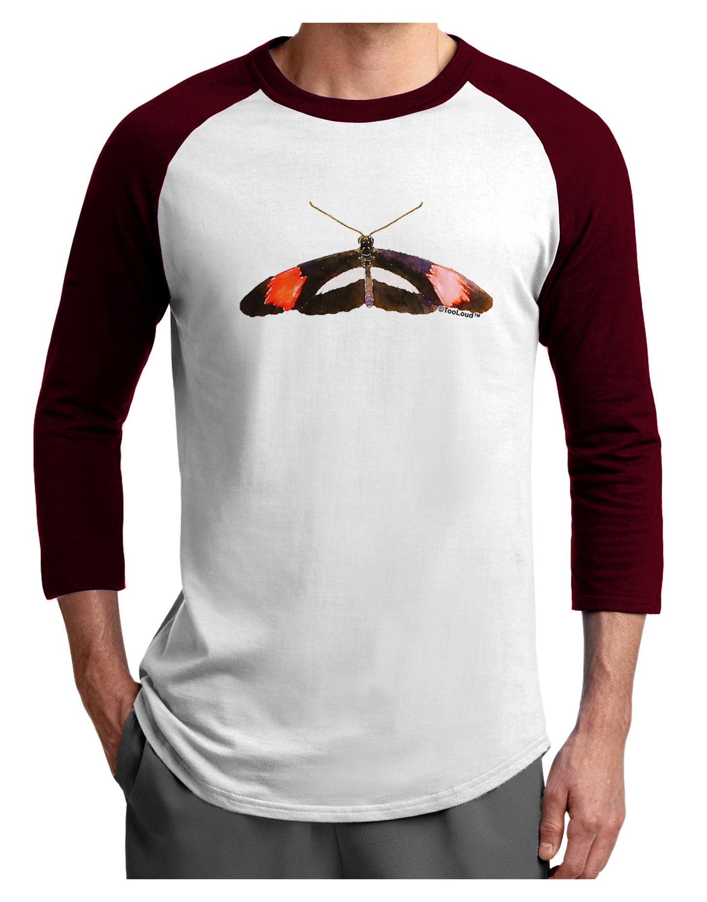 TooLoud Watercolor Butterfly Black Adult Raglan Shirt-TooLoud-White-Cardinal-X-Small-Davson Sales