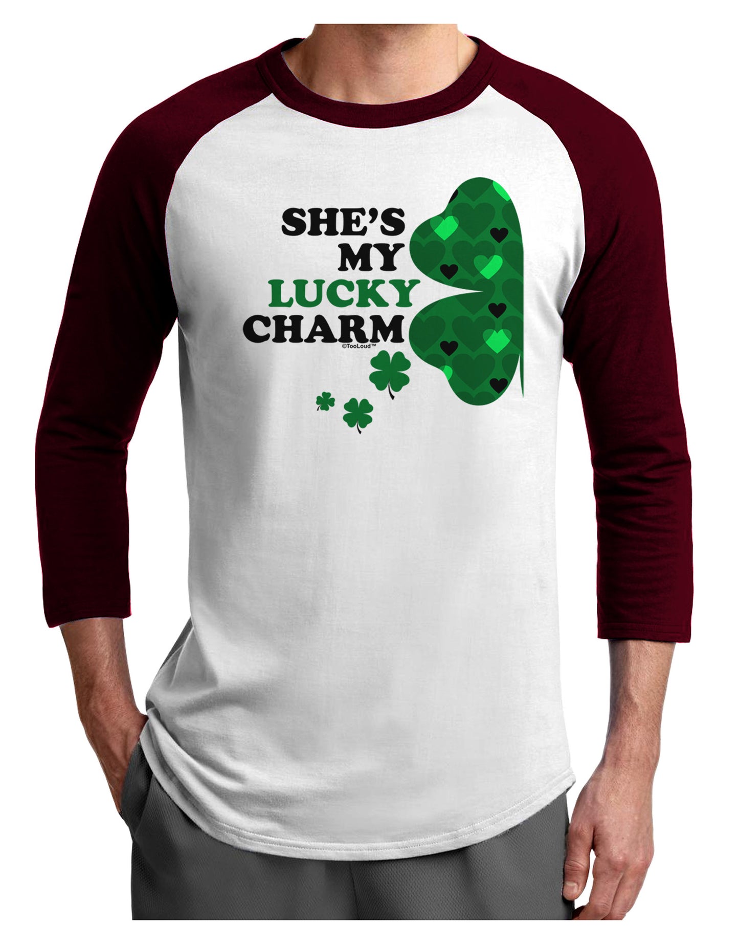 She's My Lucky Charm - Left Adult Raglan Shirt-Raglan Shirt-TooLoud-White-Cardinal-X-Small-Davson Sales