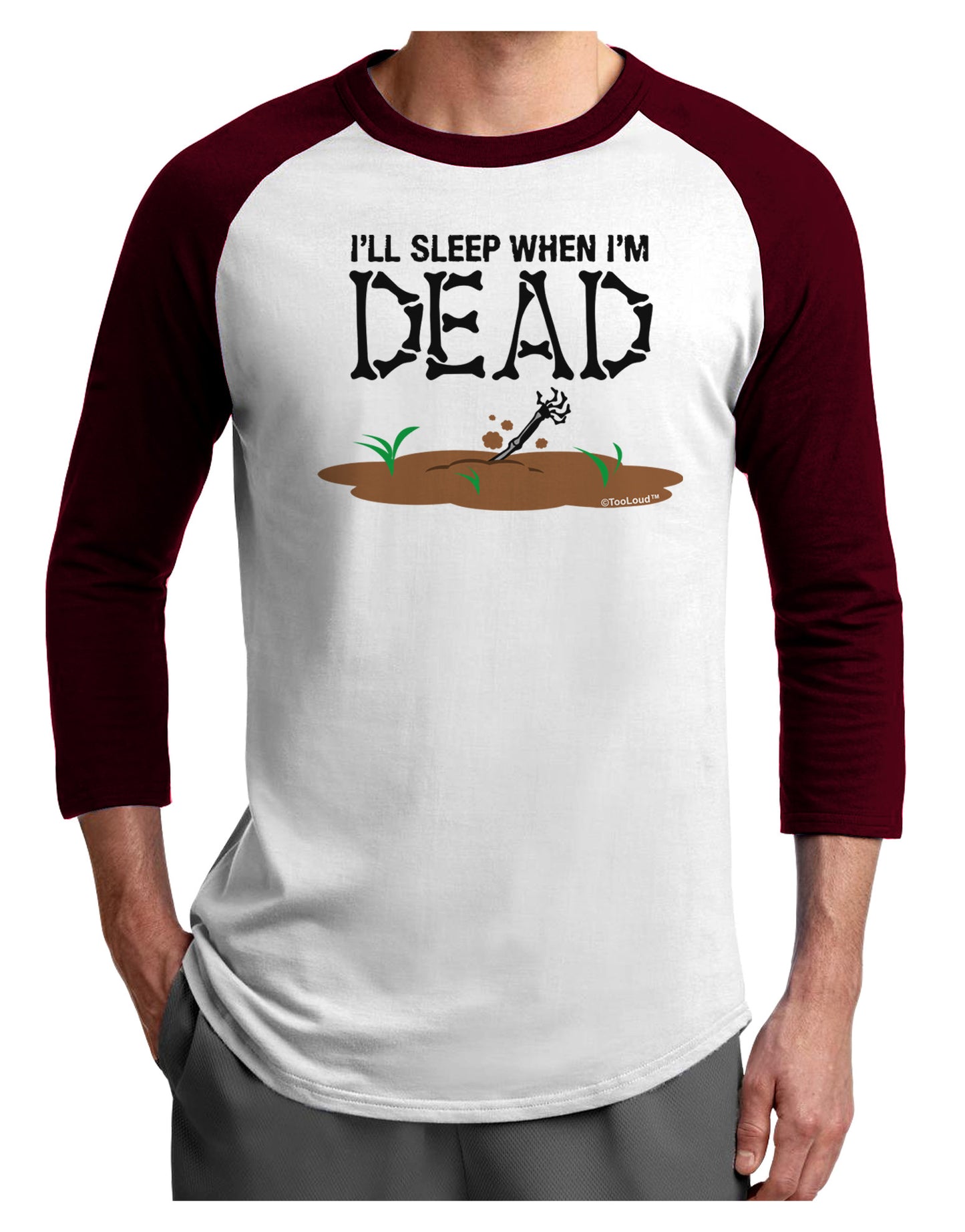 Sleep When Dead Adult Raglan Shirt-TooLoud-White-Cardinal-X-Small-Davson Sales